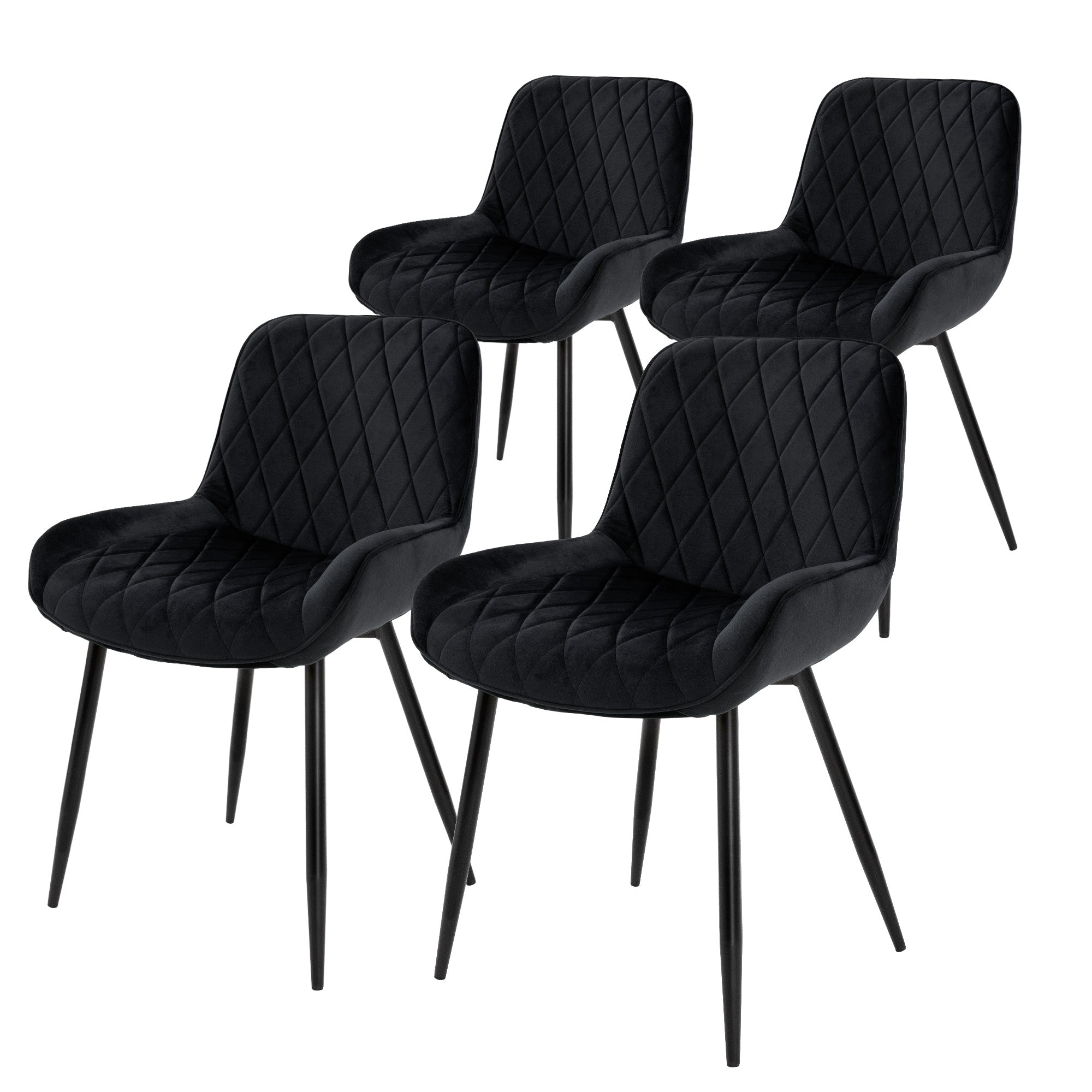 Quatre chaises noires avec un motif en losange sur des pieds noirs.
