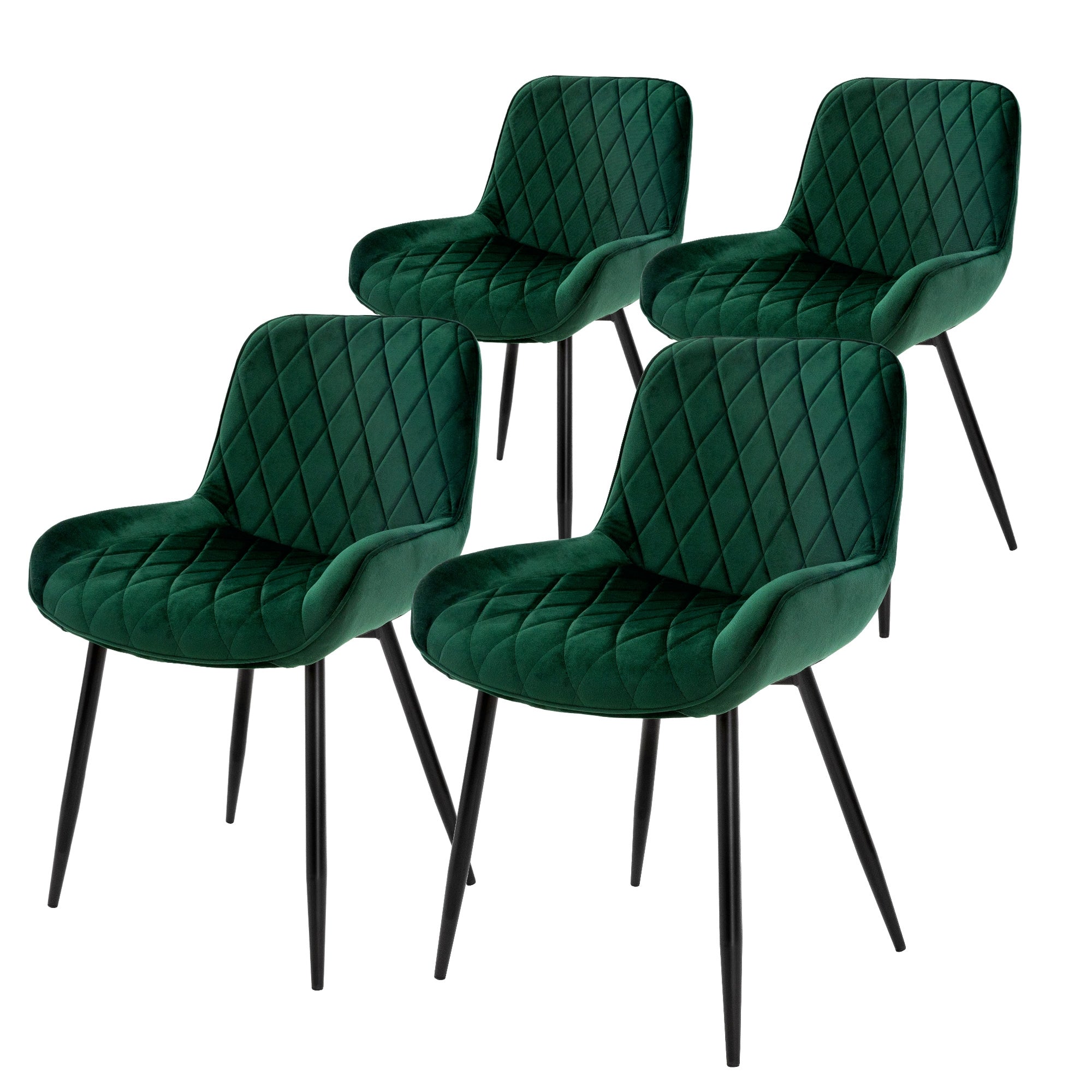 Quatre chaises vertes avec rembourrage en forme de diamant sur des pieds noirs.