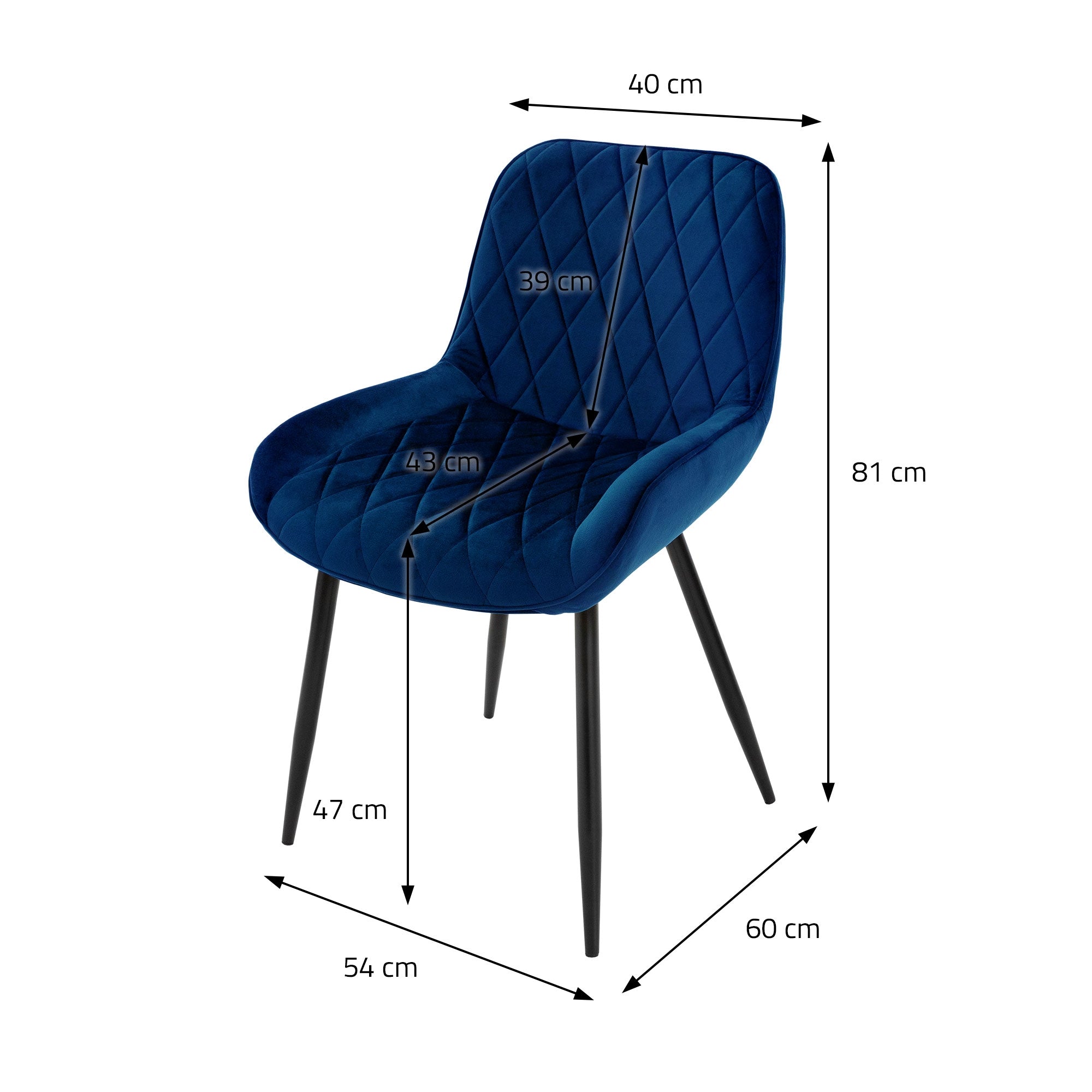 Blå stol med mål: 40 cm bredde, 60 cm dybde, 81 cm højde.
