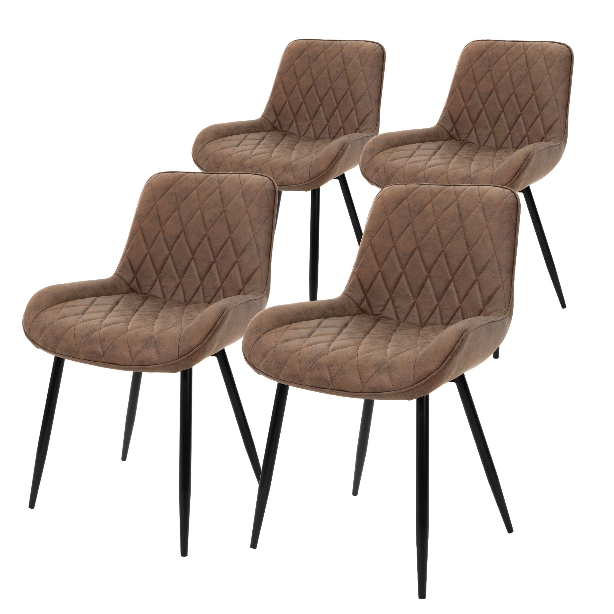 Quatre chaises brunes avec rembourrage en forme de diamant et pieds noirs.