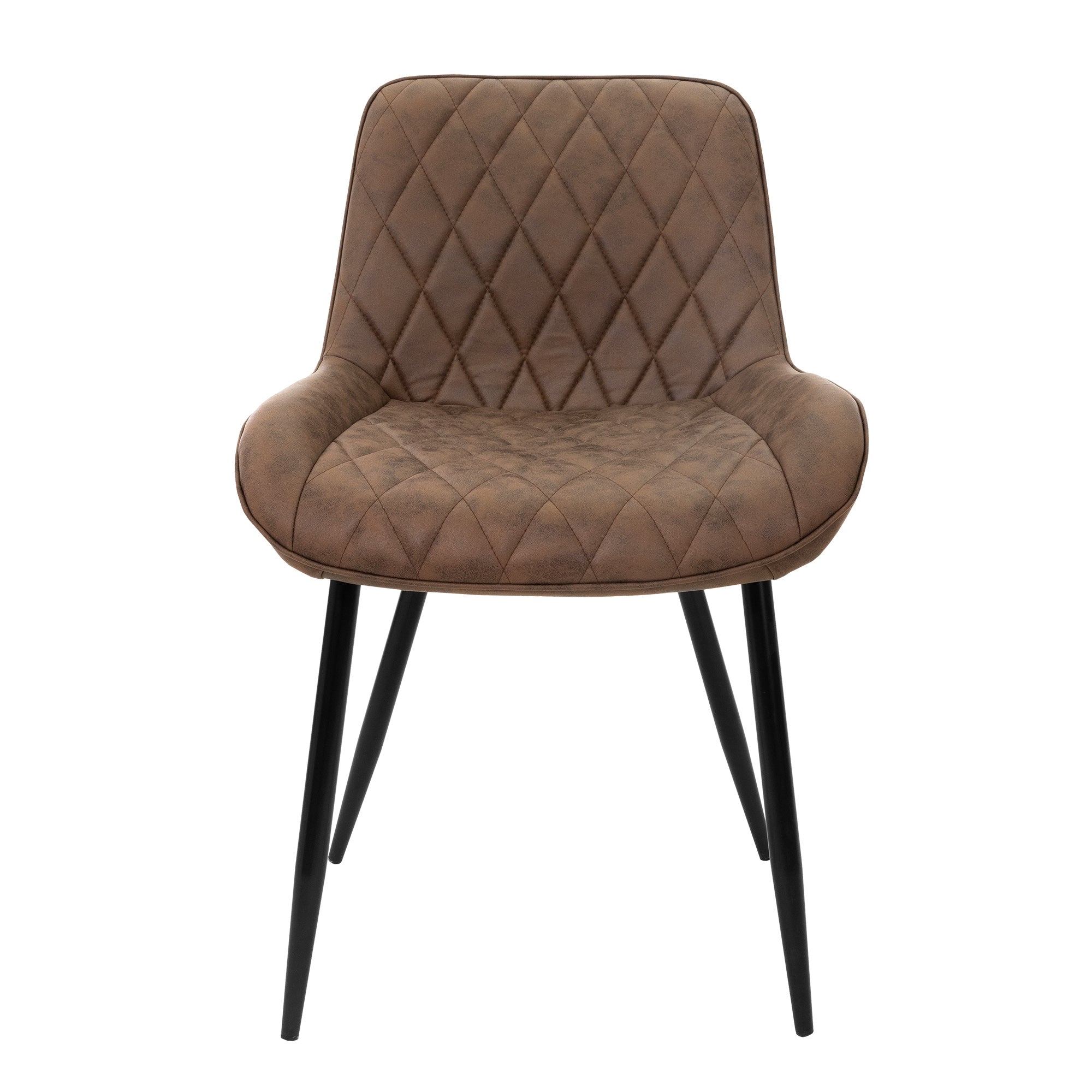 Vista frontal de una silla marrón con patrón de rombos y patas negras.