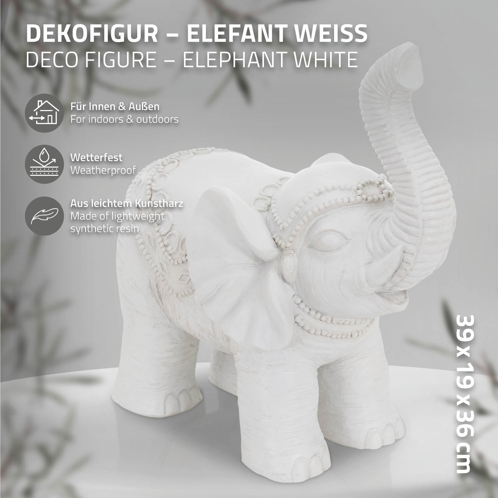 Figurine d'éléphant blanc en résine, 39x19x36 cm, pour intérieur et extérieur.