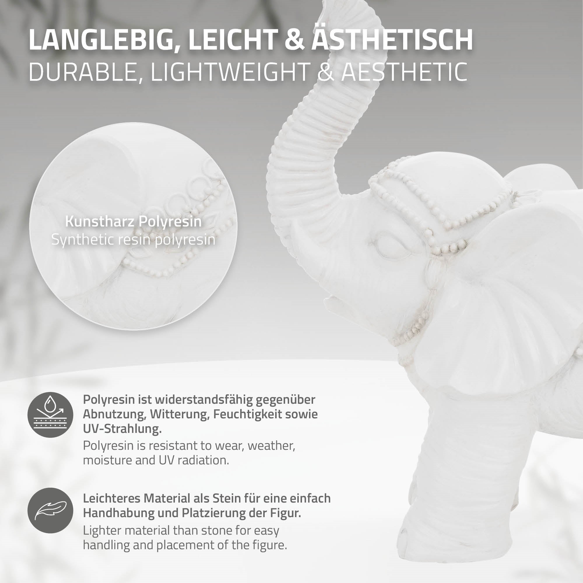 Éléphant blanc en résine sur fond gris, avec un texte sur les propriétés du matériau.