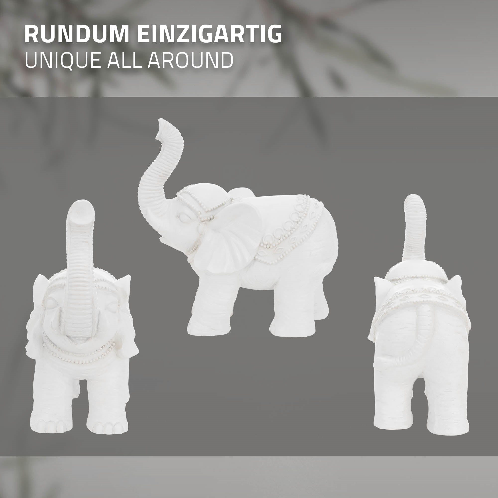 Éléphant blanc en plastique, vue de face, de dos et de côté.