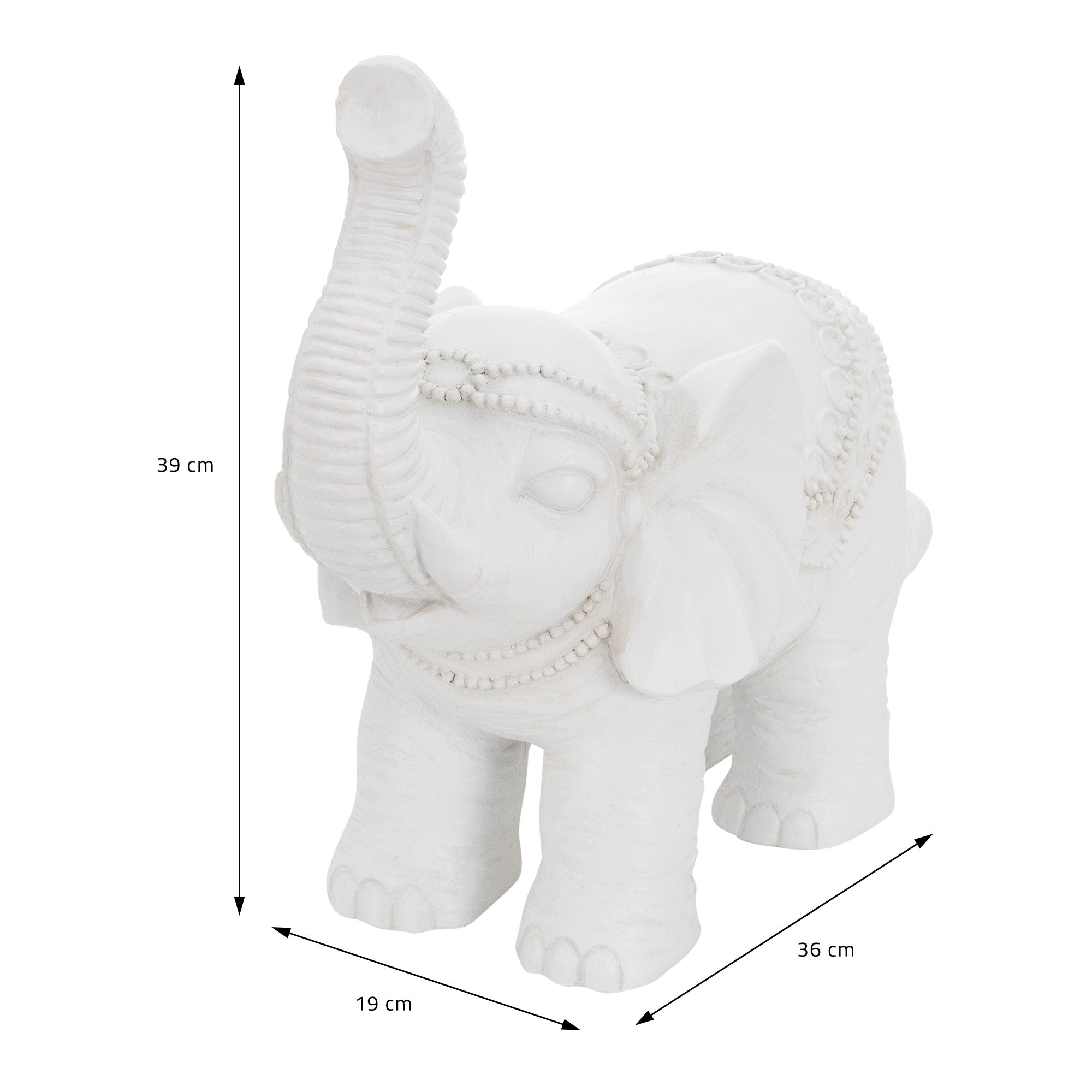 Éléphant blanc en plastique avec des dimensions, sur fond blanc.