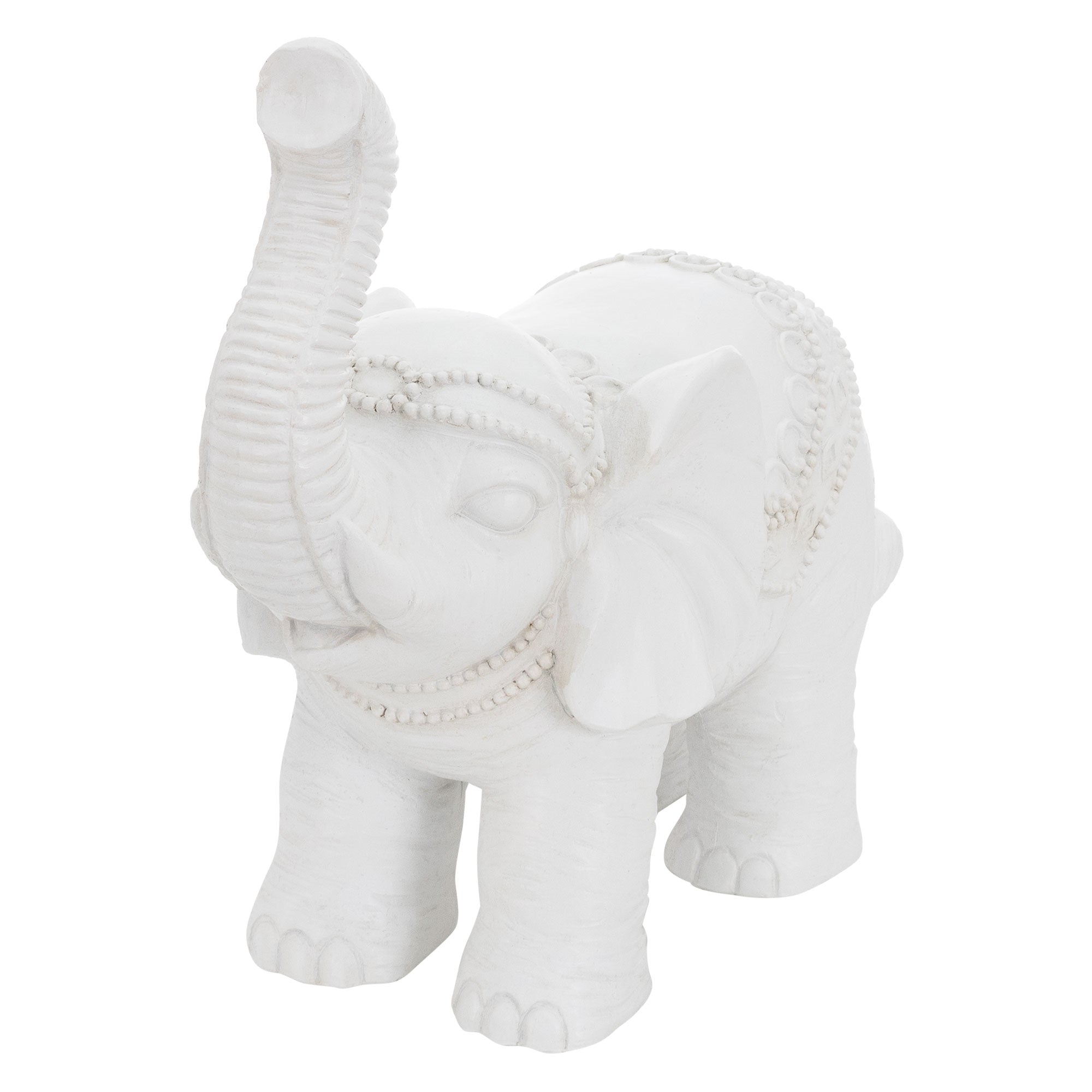 Éléphant blanc avec la trompe levée et des ornements.