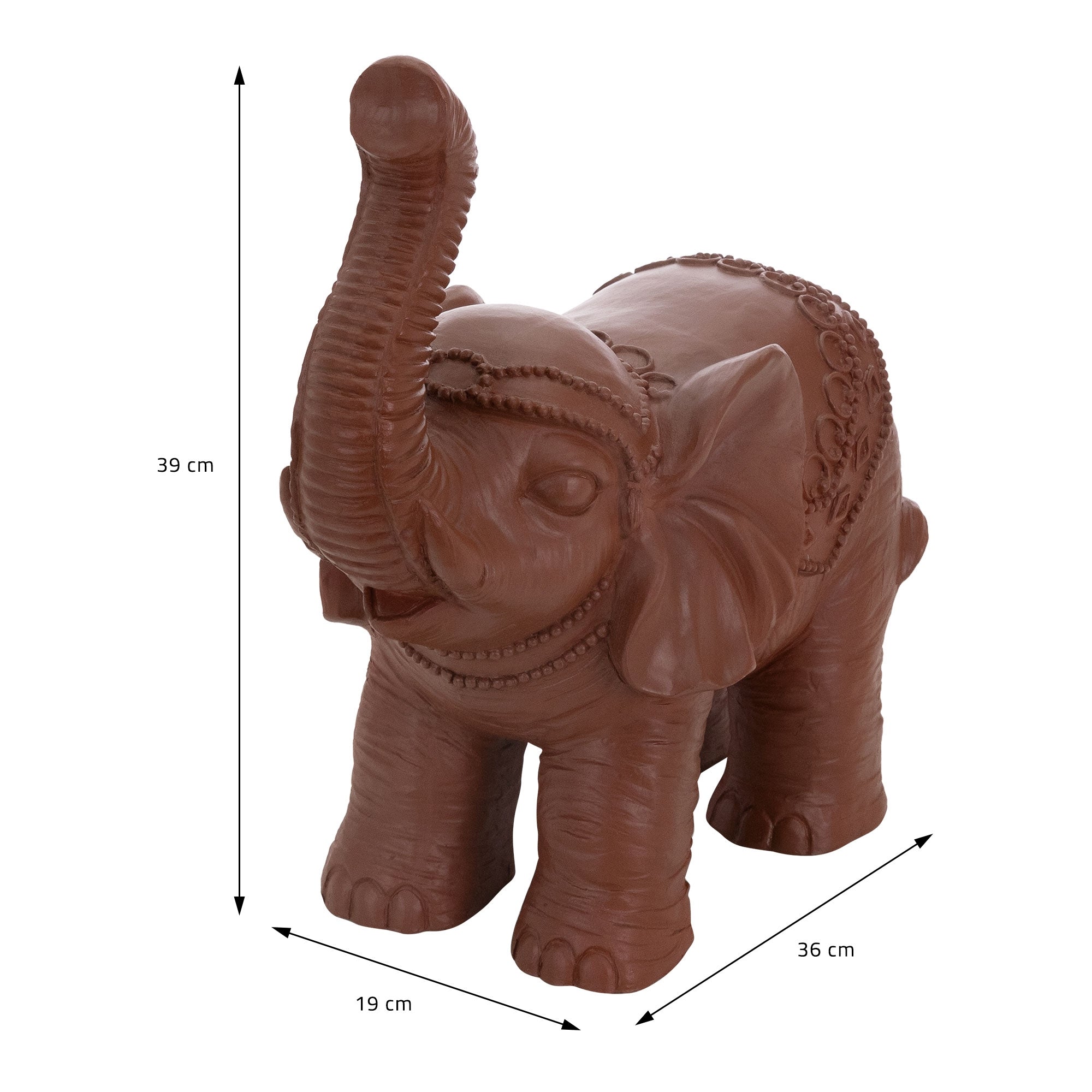 Braune Elefantenfigur aus Keramik mit Maßangaben.