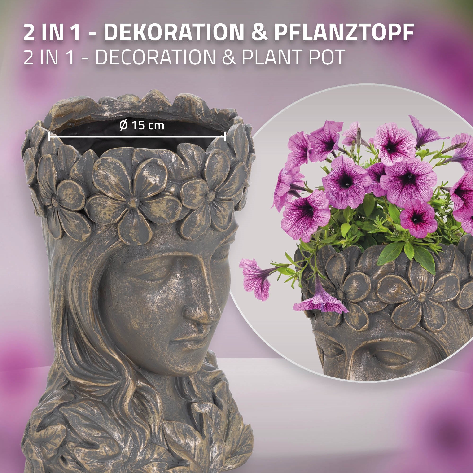 Dekorativ plantekrukke i form af et kvindehoved med blomster.