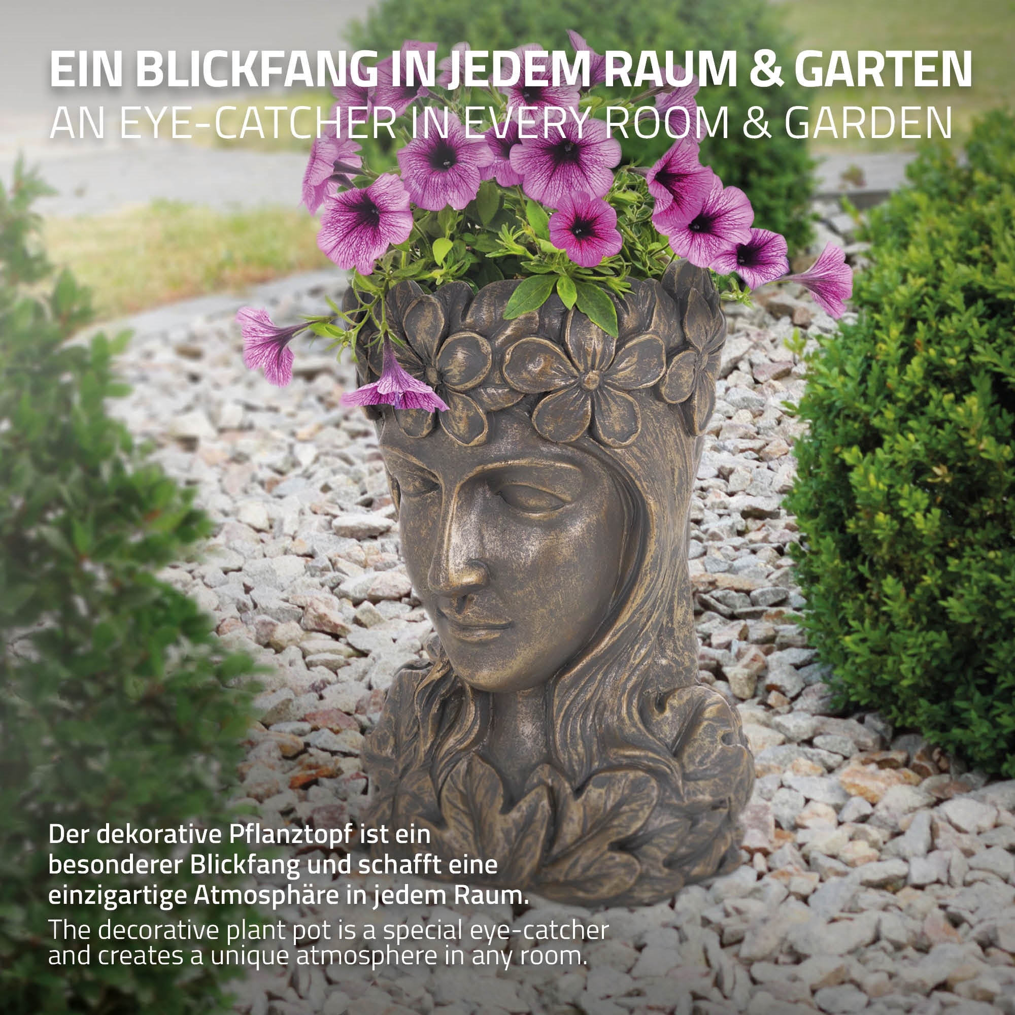 Dekorativ plantekrukke i form af et hoved med blomsterarrangement.