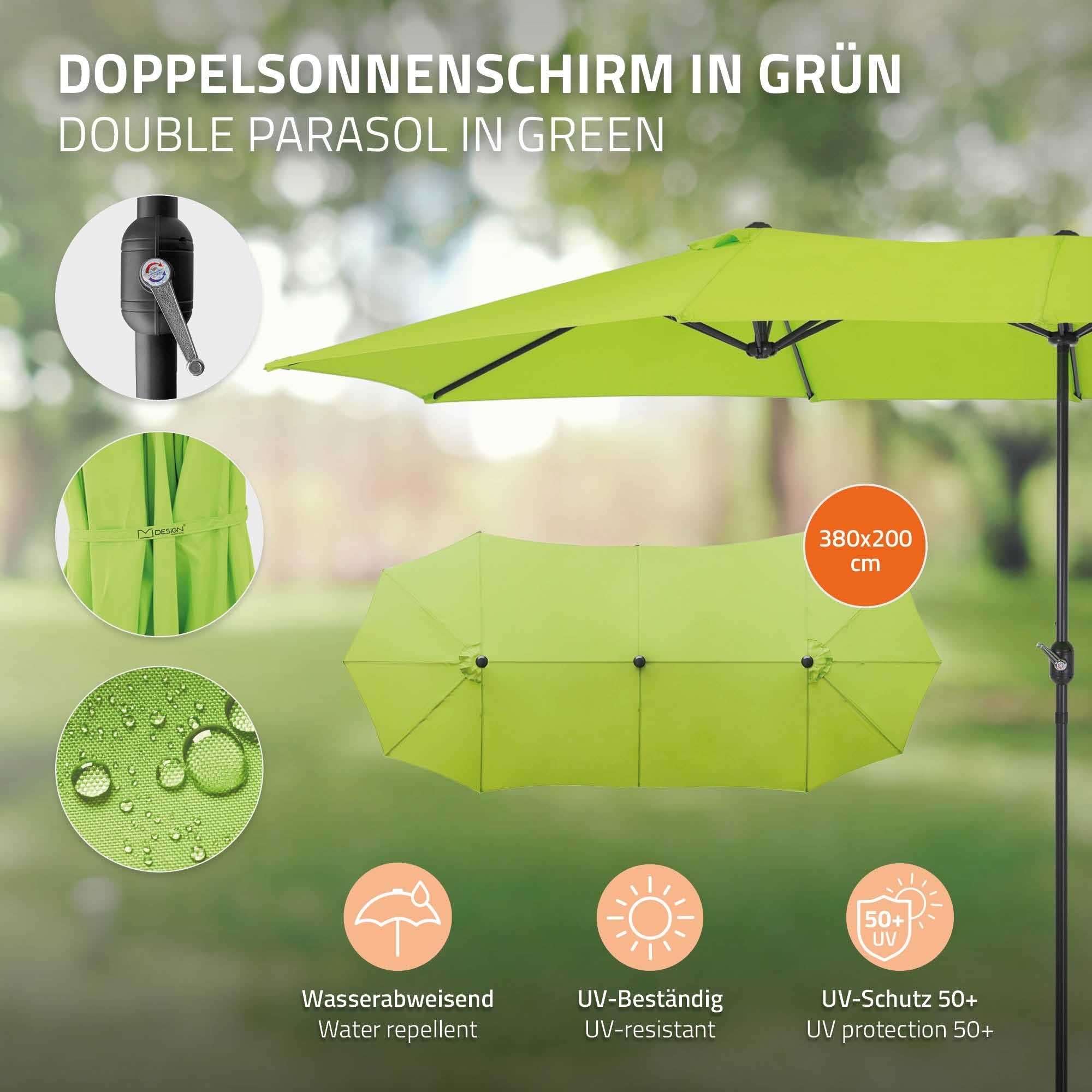 Dobbelt parasol i grøn, 380x200 cm, vandafvisende, UV-bestandig, UV-beskyttelse 50+.