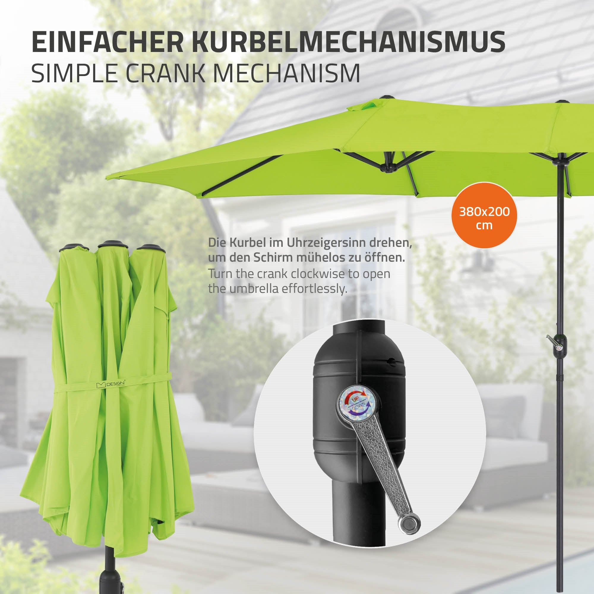 Parasol med krumme mekanisme og grøn stof, på et bord.