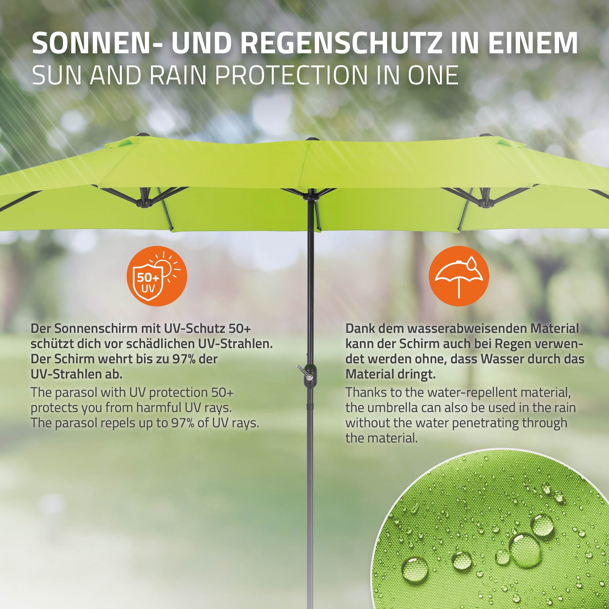 Parasol med UV-beskyttelse og vandafvisende materiale udendørs.