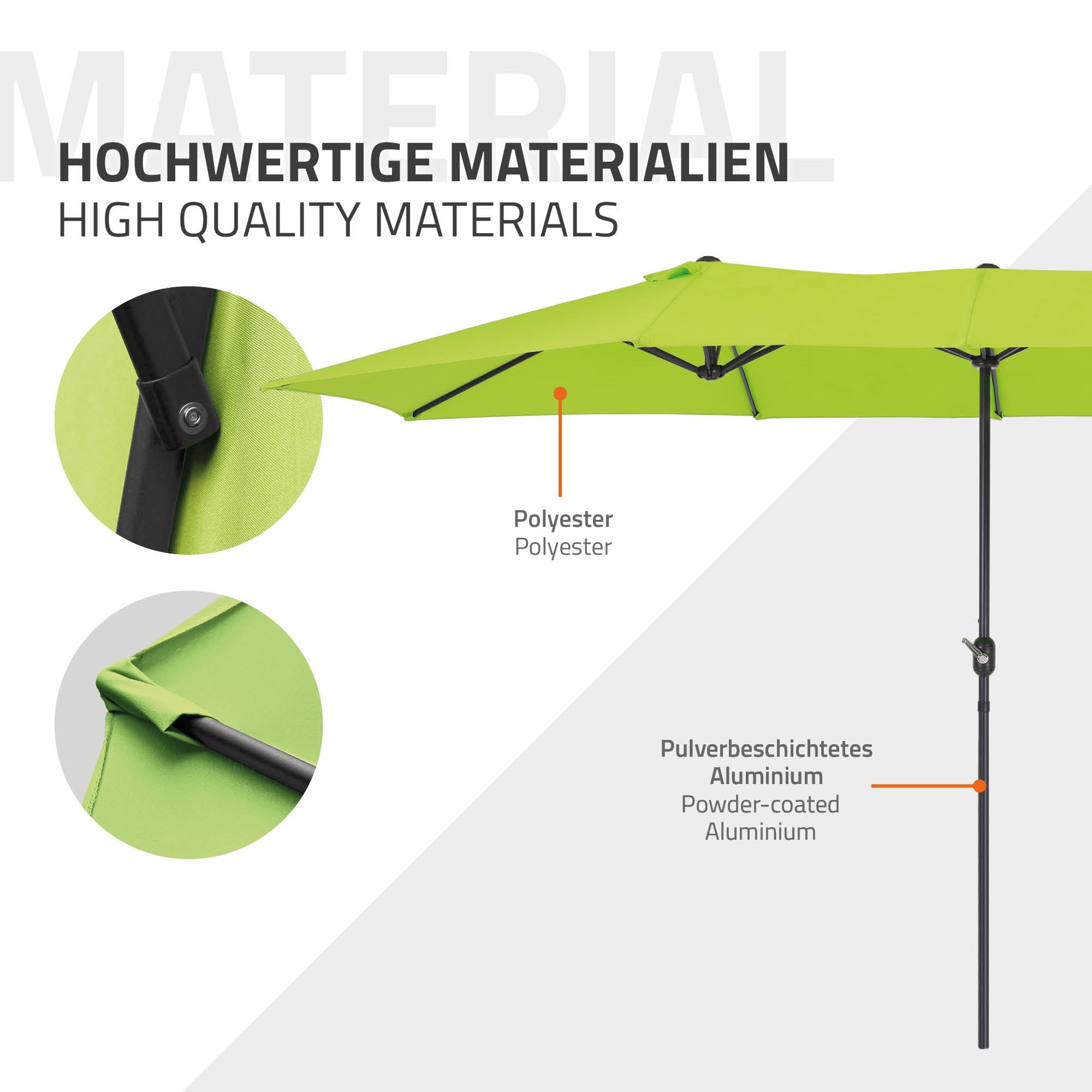 Detaljeoptagelse af en parasol med kvalitetsmaterialer.