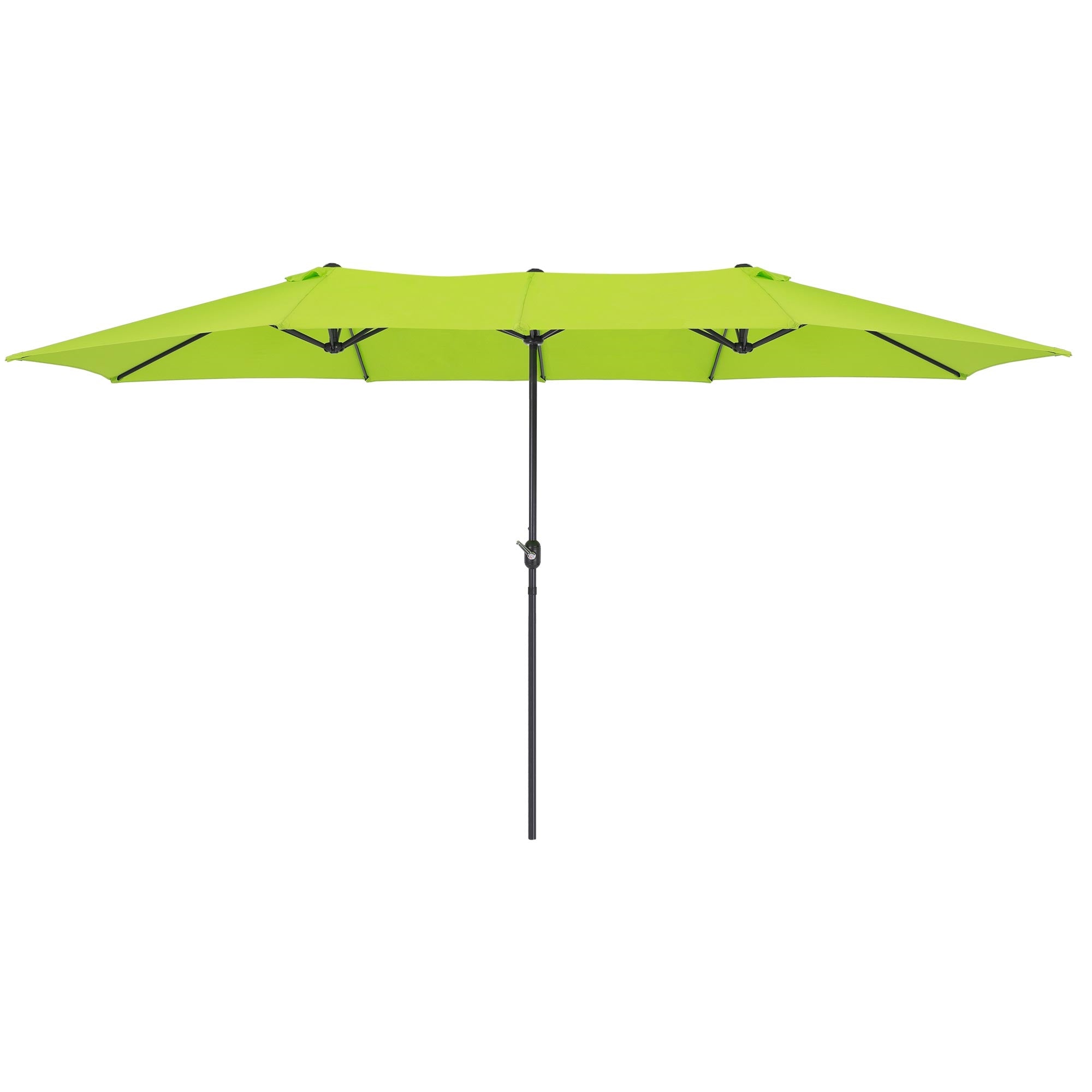 Grøn parasol på en stander, åbnet og placeret udendørs.