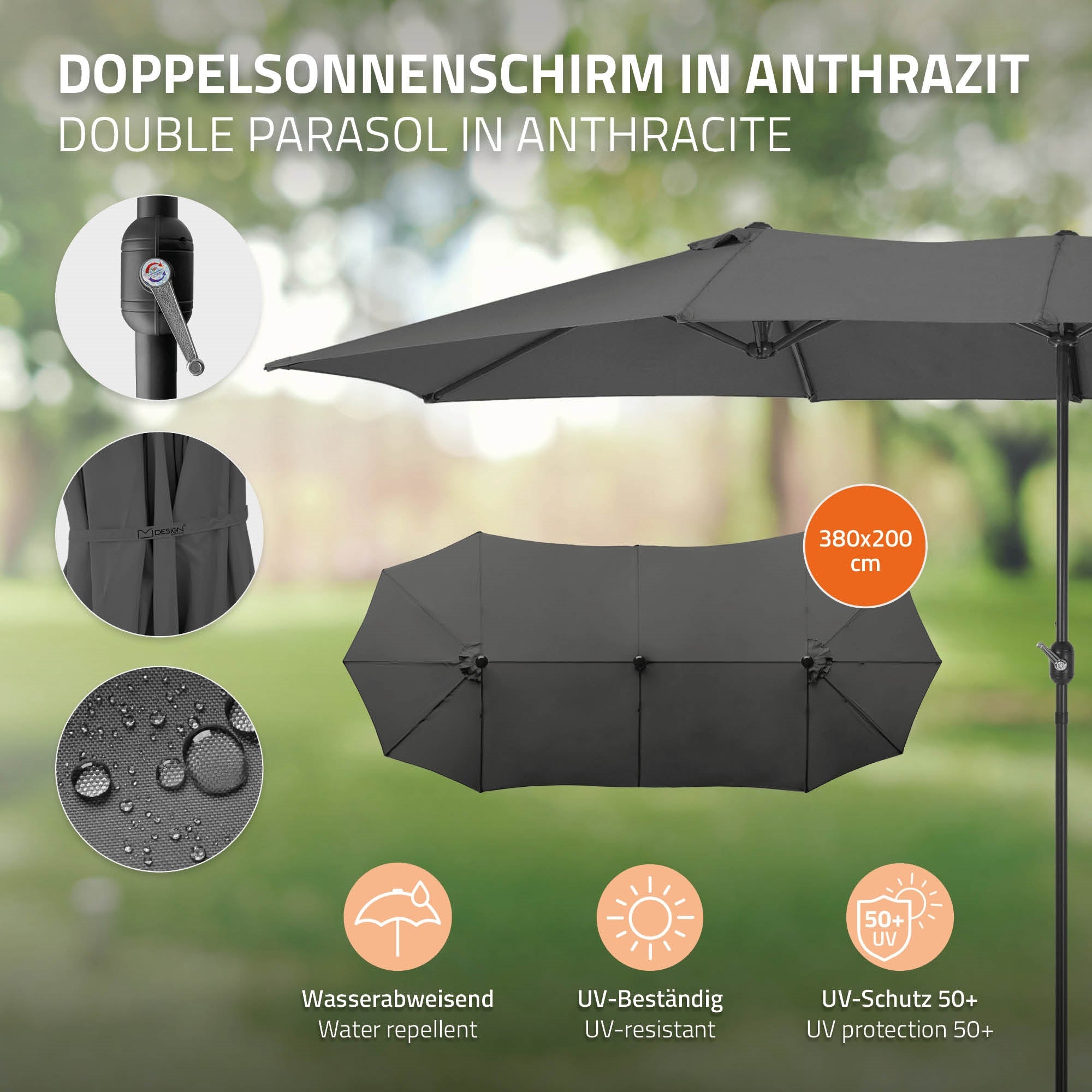 Doppelsonnenschirm in Anthrazit, 380x200 cm, wasserabweisend, UV-beständig, UV-Schutz 50+