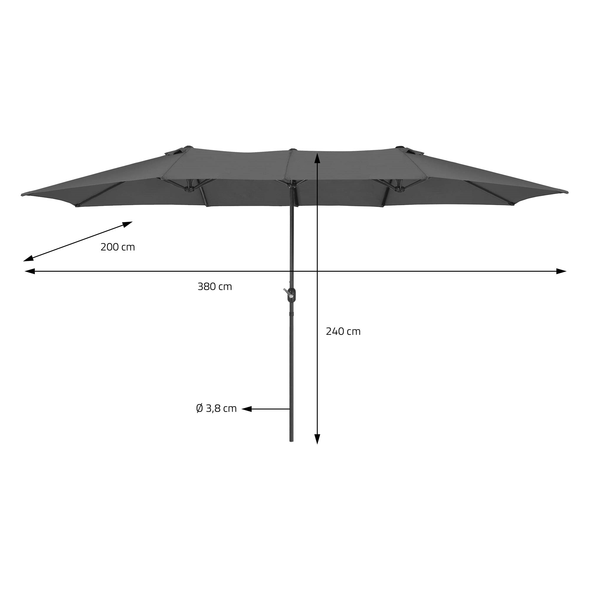 Schwarzer Sonnenschirm mit Maßen: 200 cm Höhe, 380 cm Durchmesser, 240 cm Ausladung.