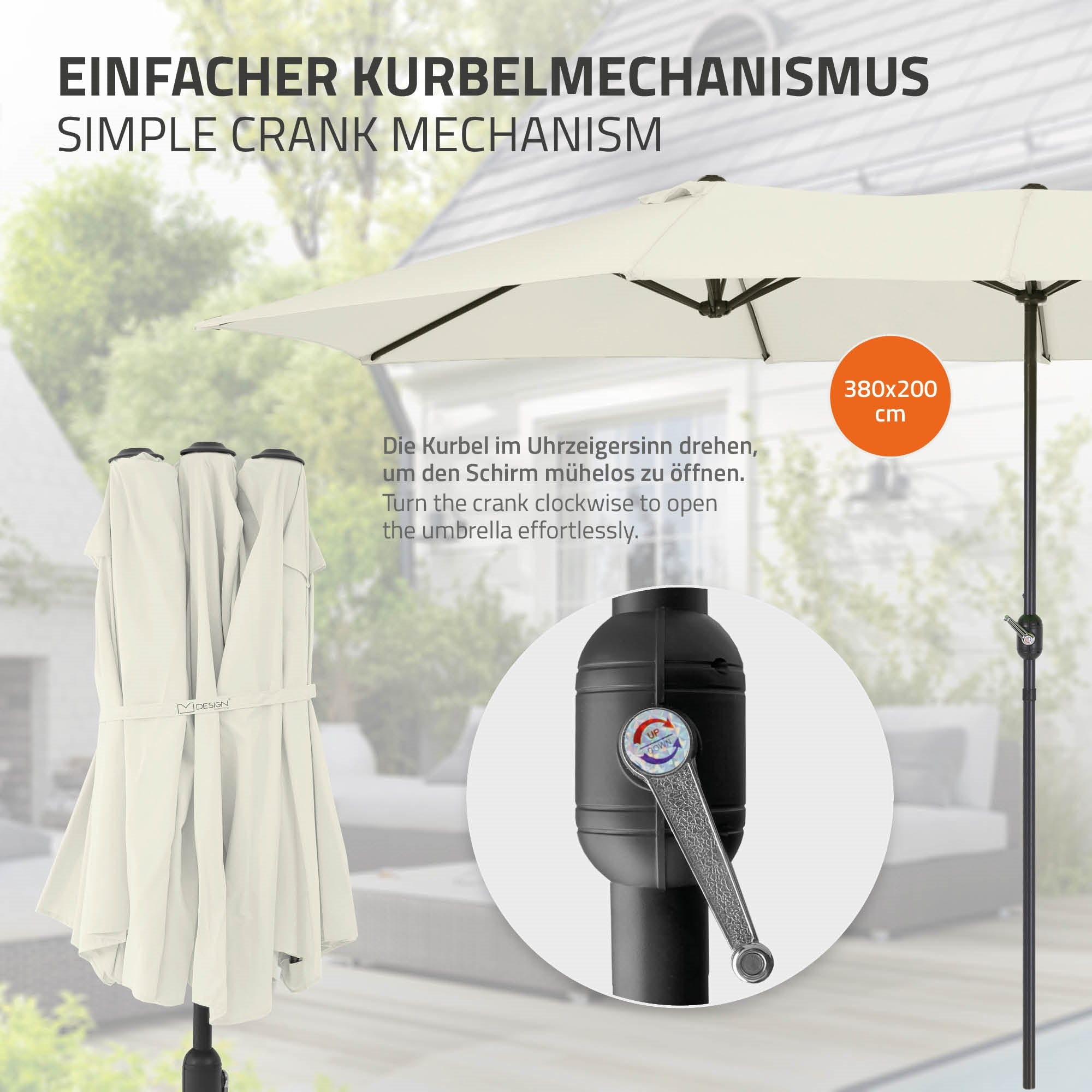 Schirm mit Kurbelmechanismus und Beschreibung auf einem Außenbereich.