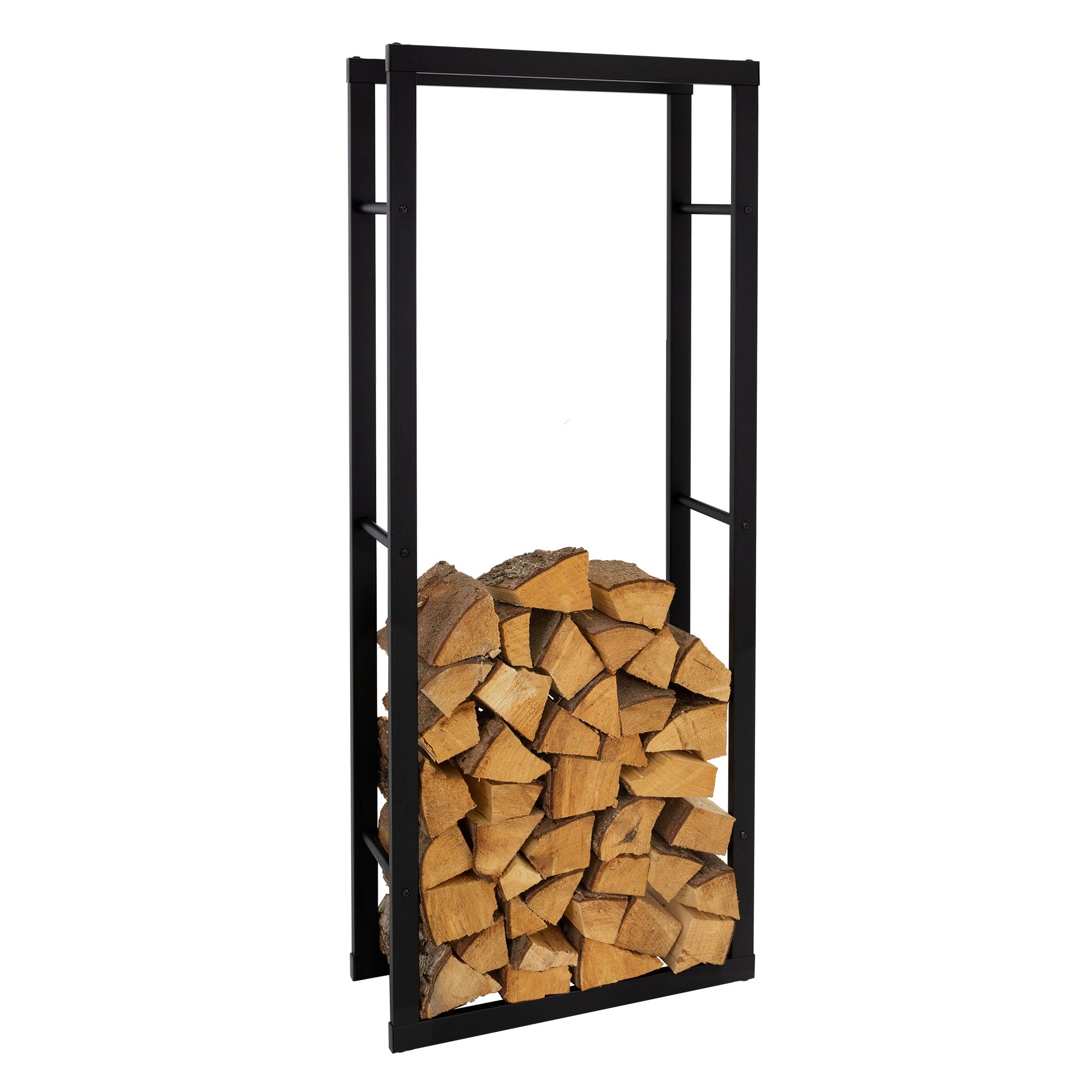Support en bois noir avec du bois empilé.