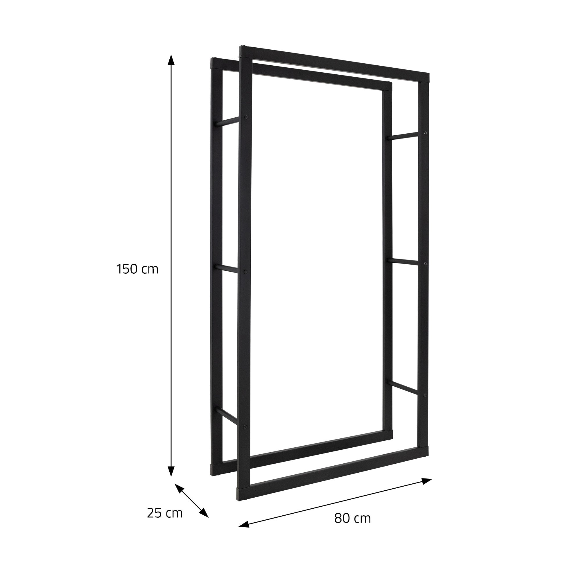 Sort metalramme med mål: 150 cm høj, 80 cm bred, 25 cm dyb.