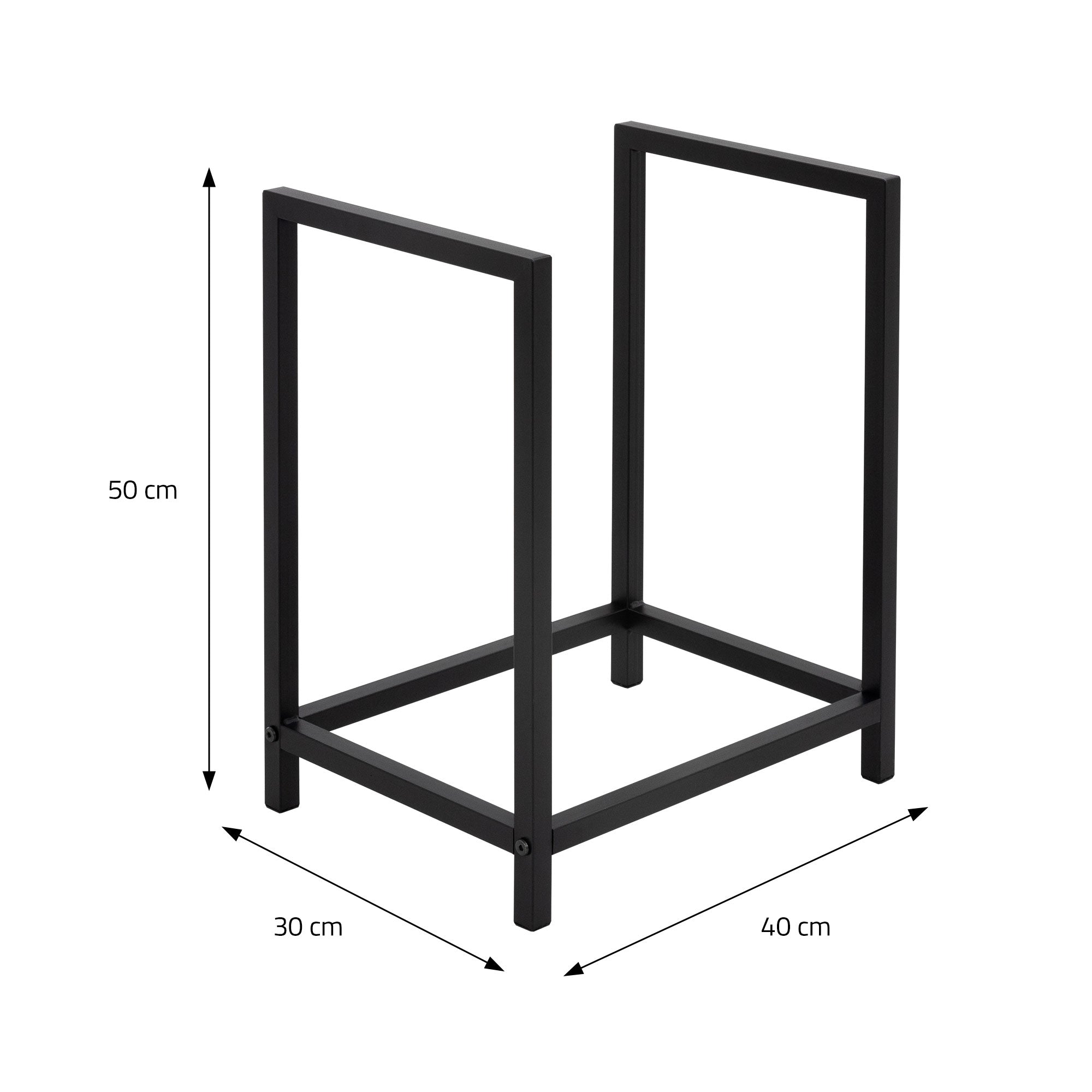 Schwarzer Metallrahmen mit Maßen: 50 cm hoch, 30 cm breit, 40 cm tief.
