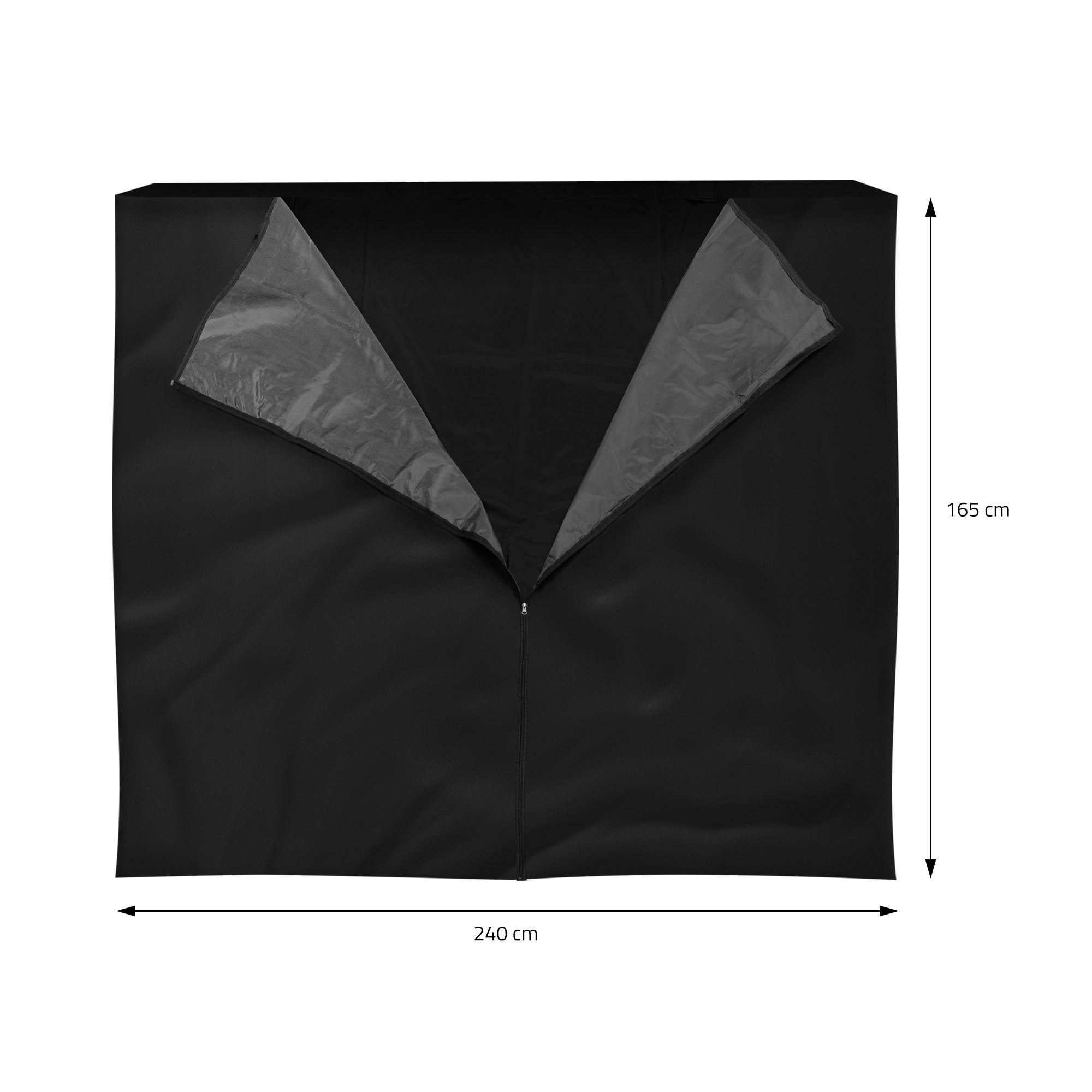 Sort dækning med to åbninger, mål 240 cm x 165 cm.