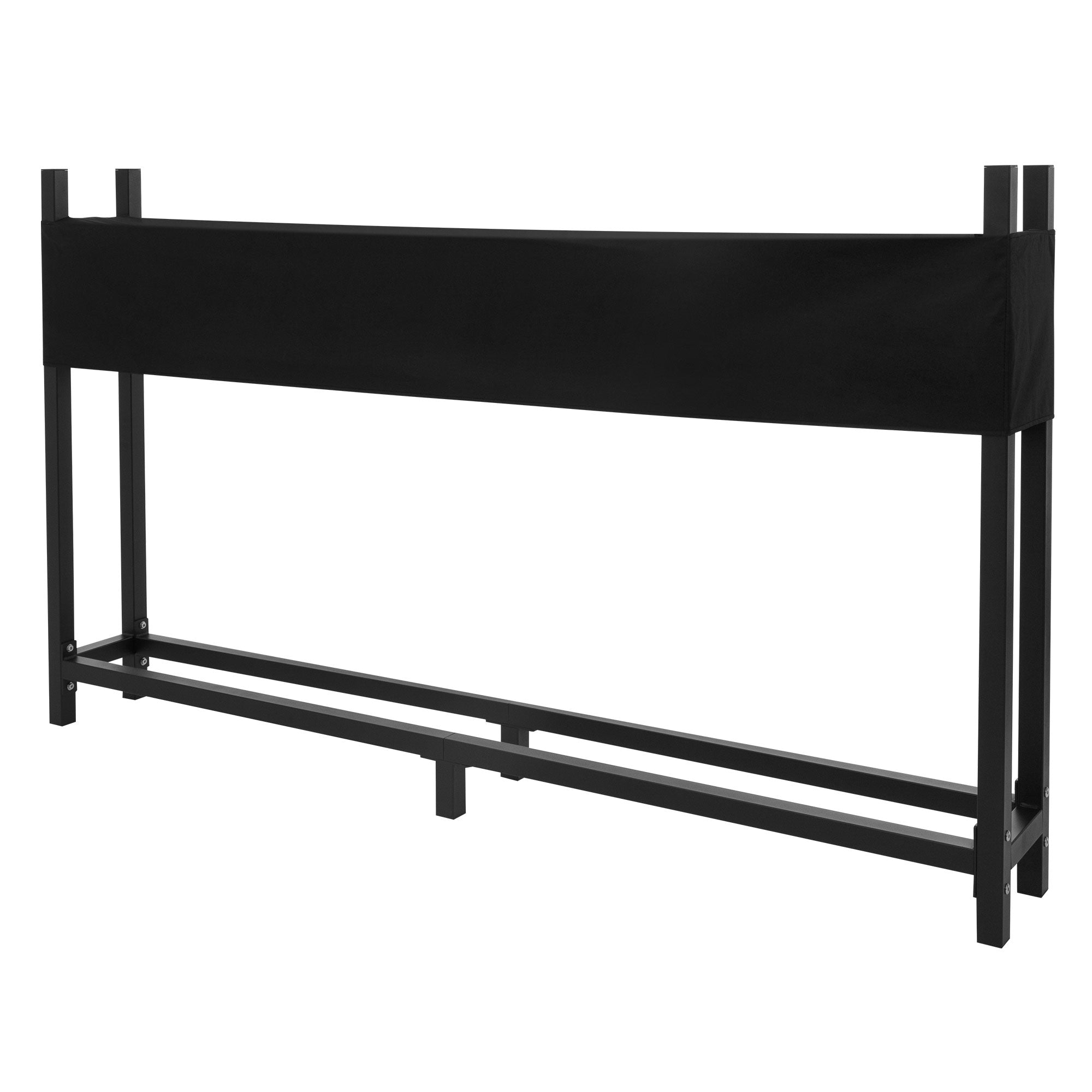 Frame for raised bed with black fabric on the side.
