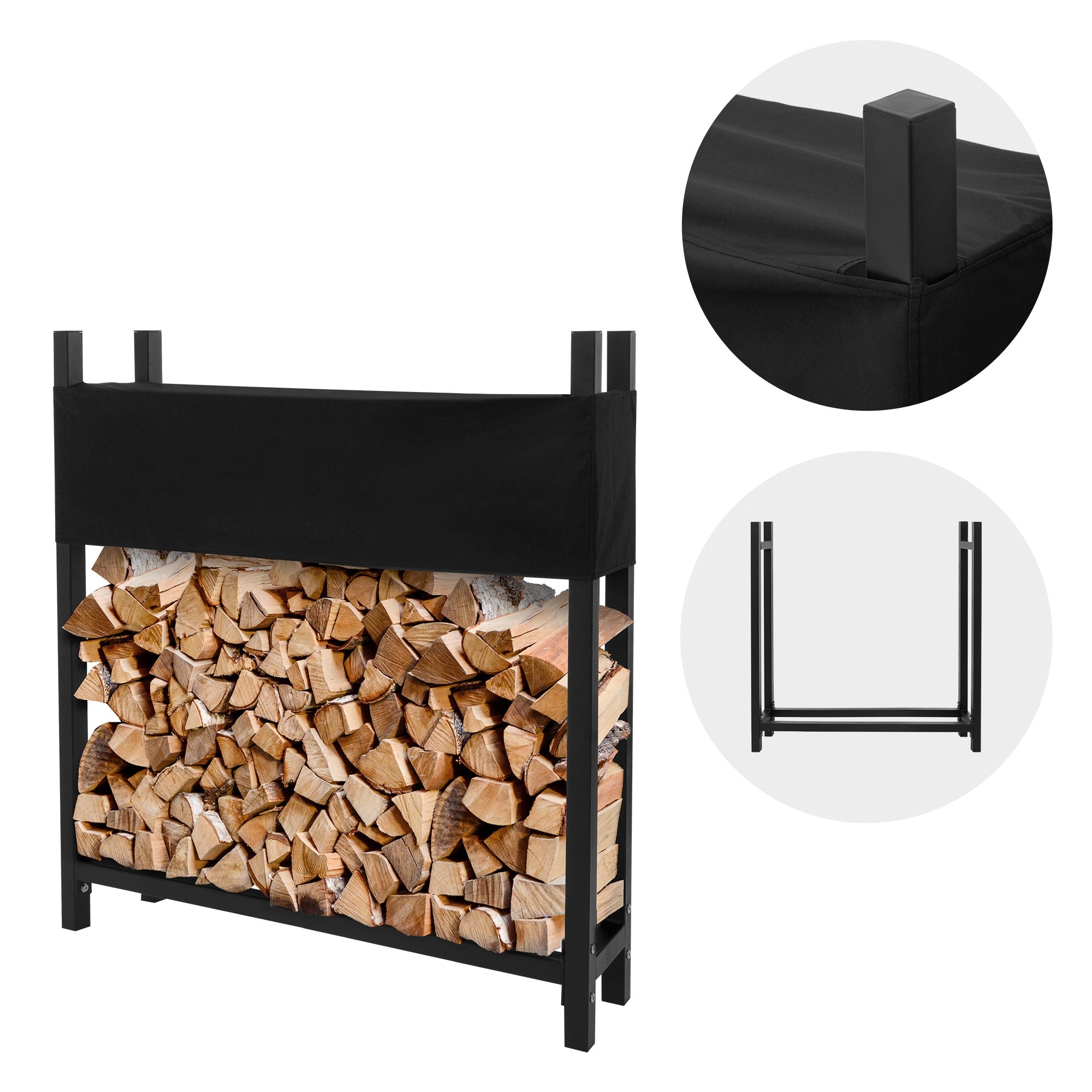 Un stockage de bois avec du bois empilé et un revêtement en tissu noir.