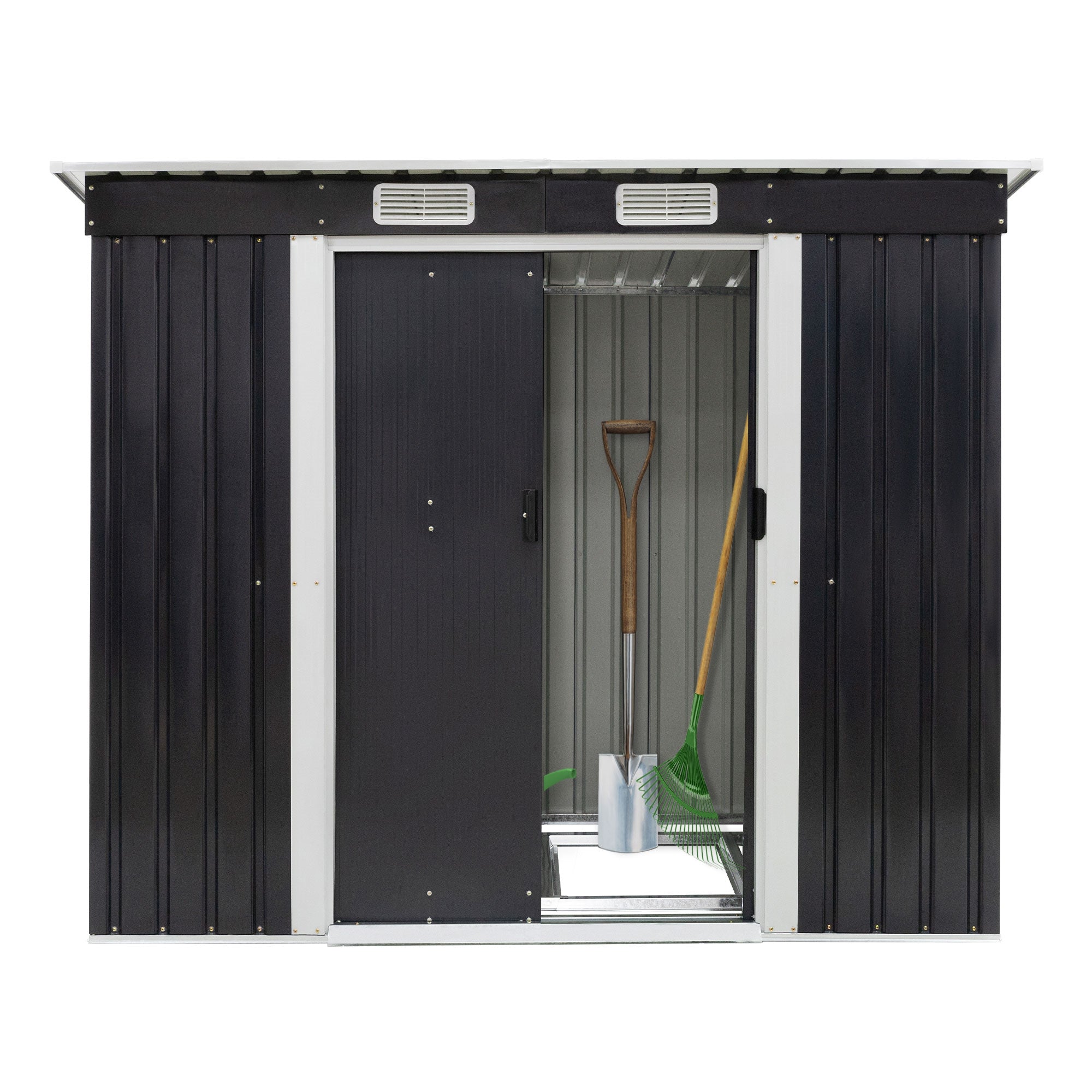 Abri de jardin en métal avec une porte ouverte et des outils à l'intérieur.