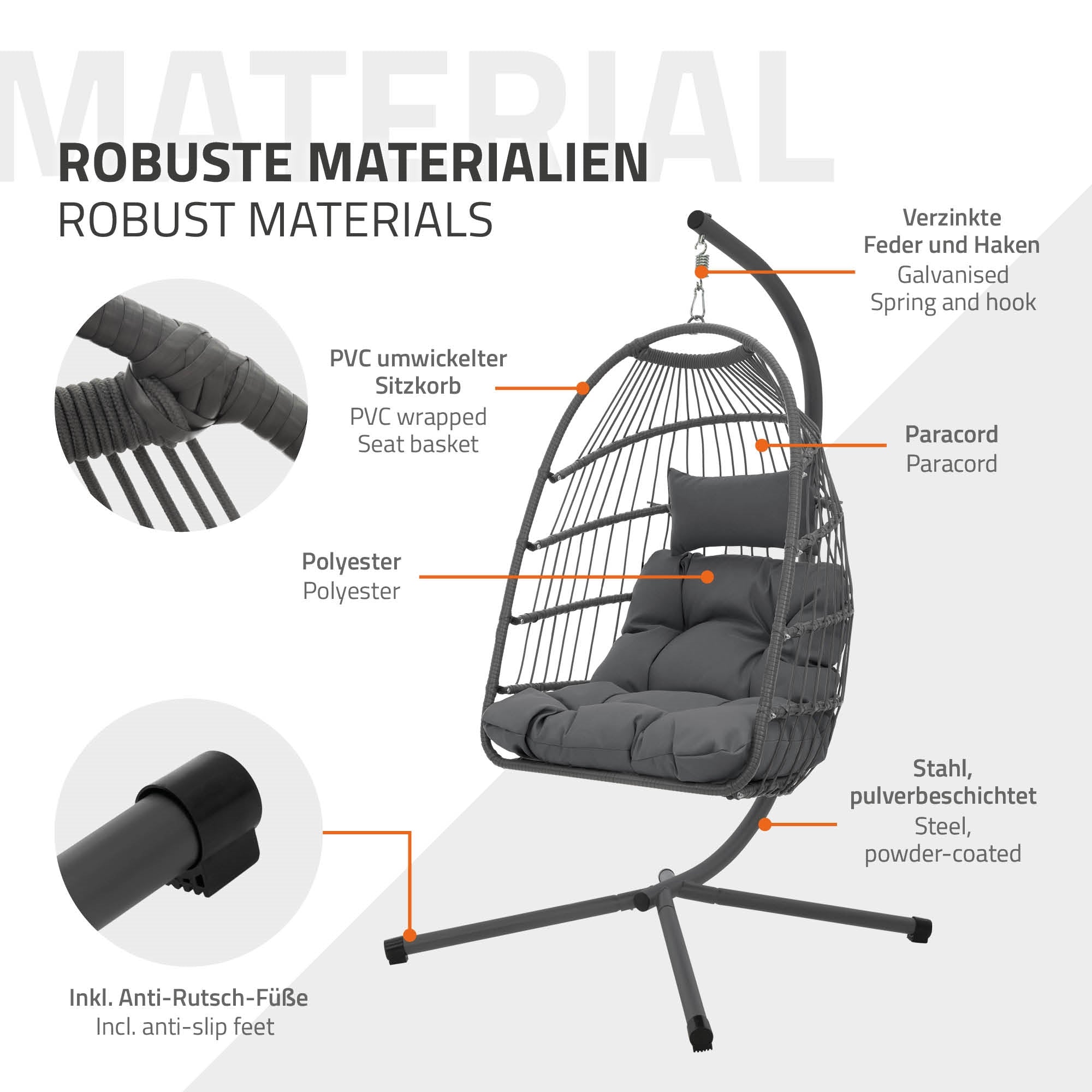 Grafiek met materialen en eigenschappen van een hangstoel.