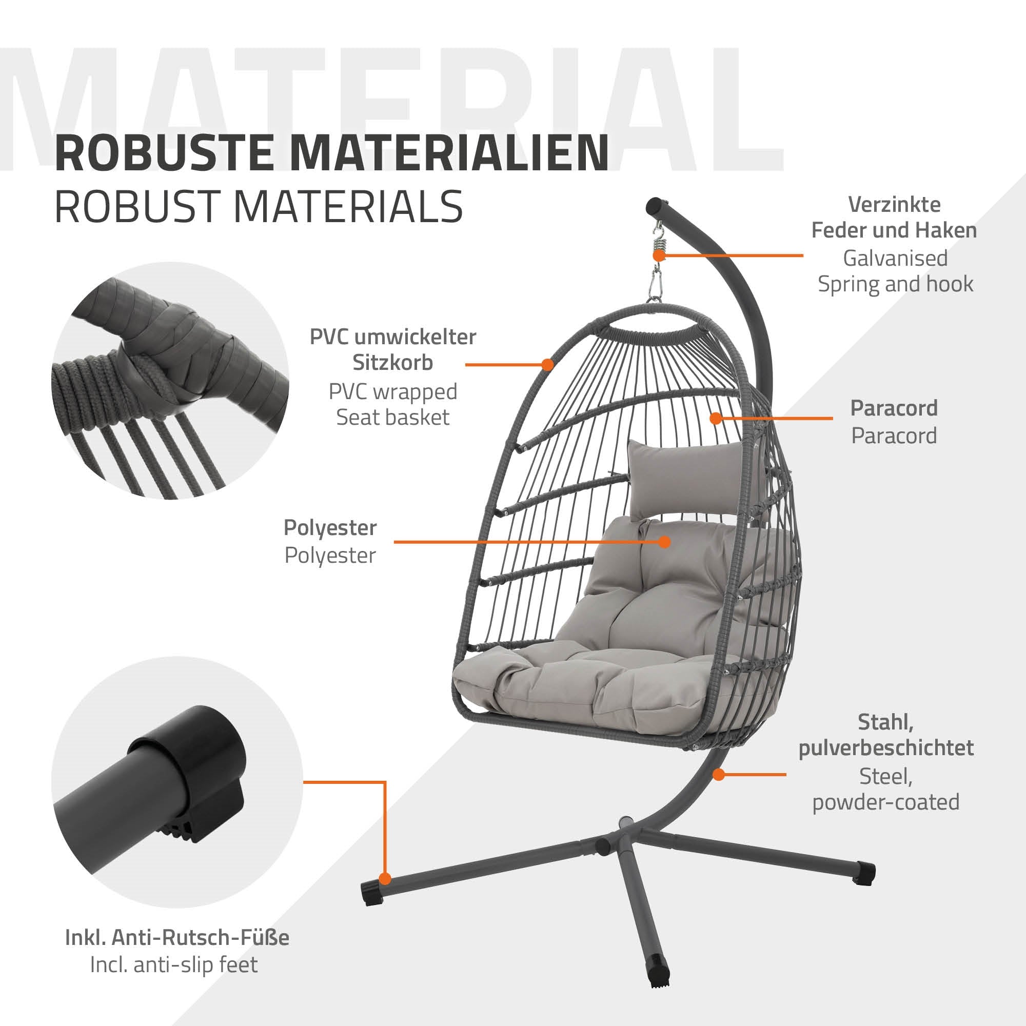 Amaca realizzata con materiali robusti descritta con vari componenti.