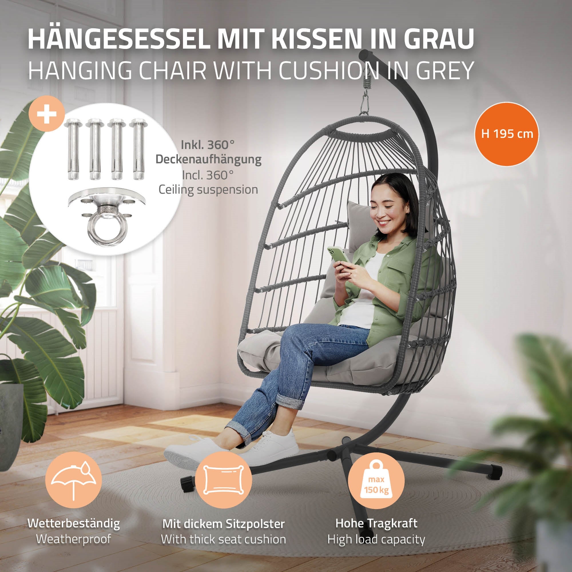 Amaca grigia con cuscino e sospensione a soffitto a 360°.