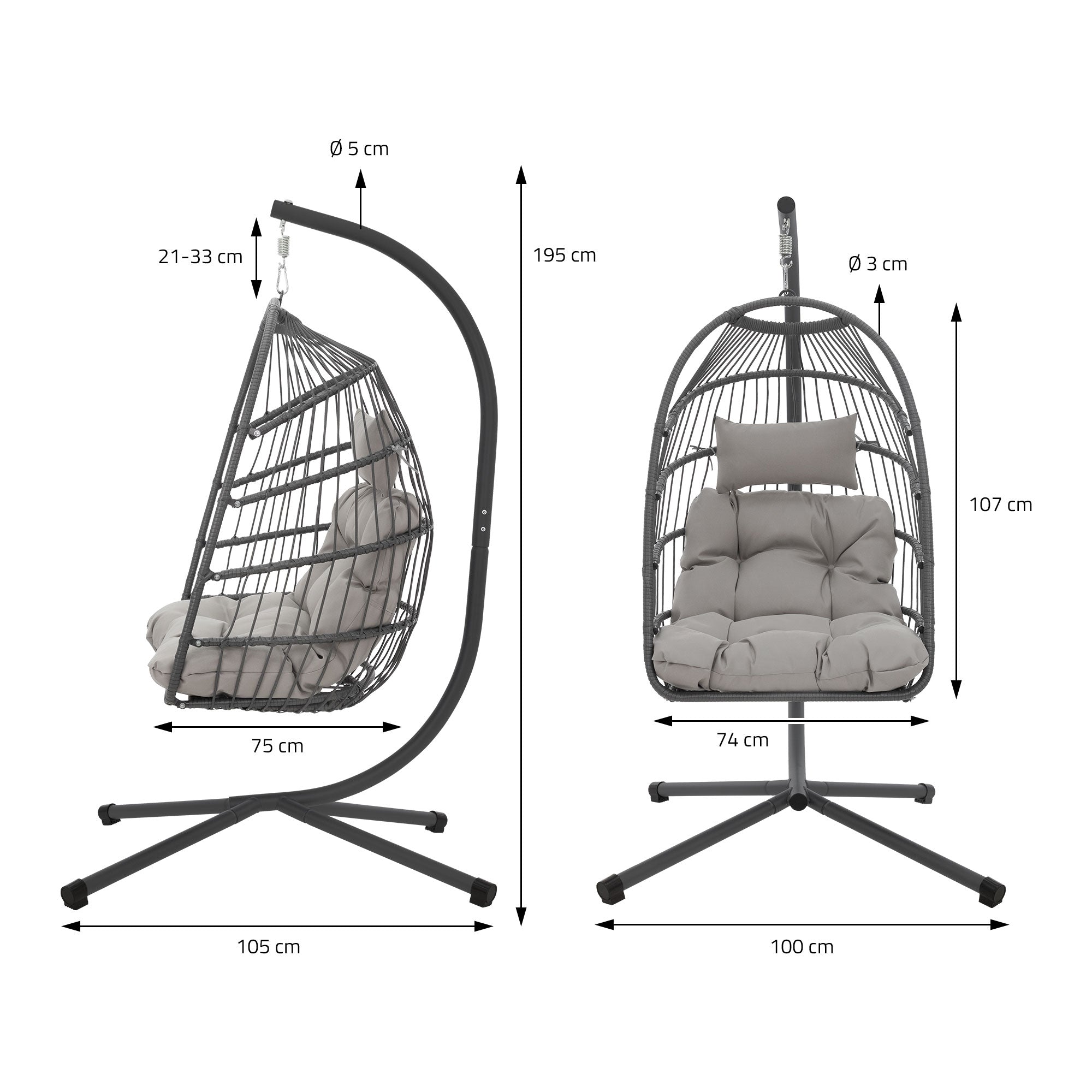 Disegno di un'amaca con dimensioni e dettagli.