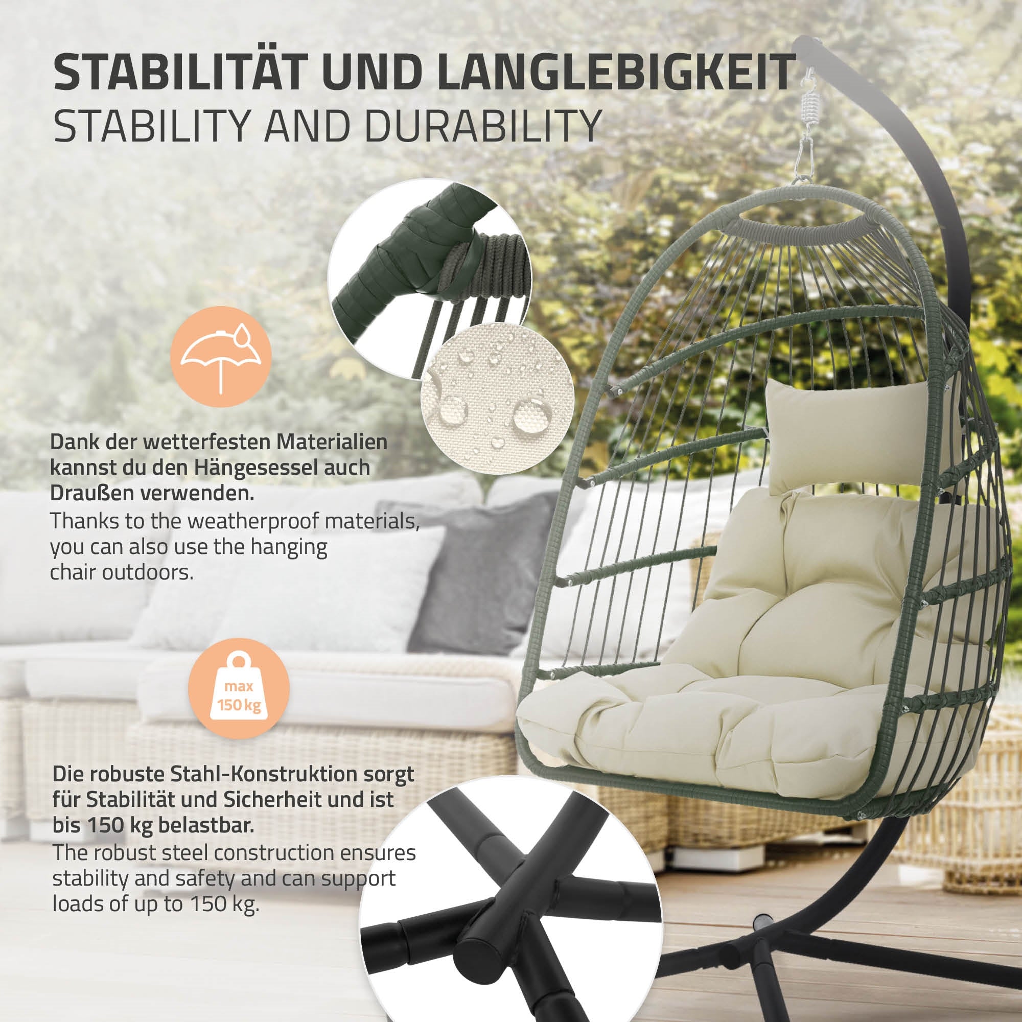 Informationen zur Stabilität und Langlebigkeit des Hängesessels.