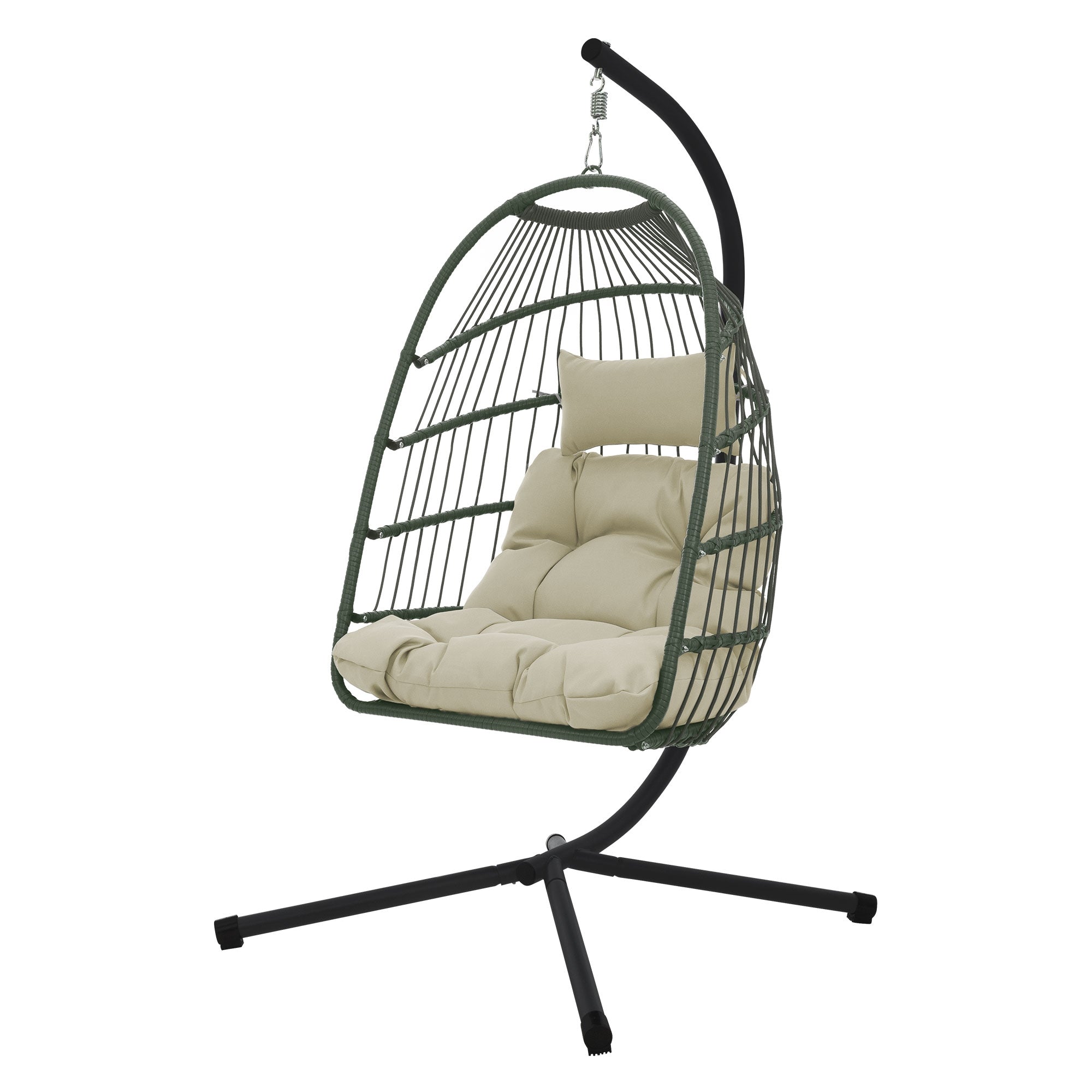Hängesessel in beige mit Kissen, auf einem stabilen Gestell im Freien.