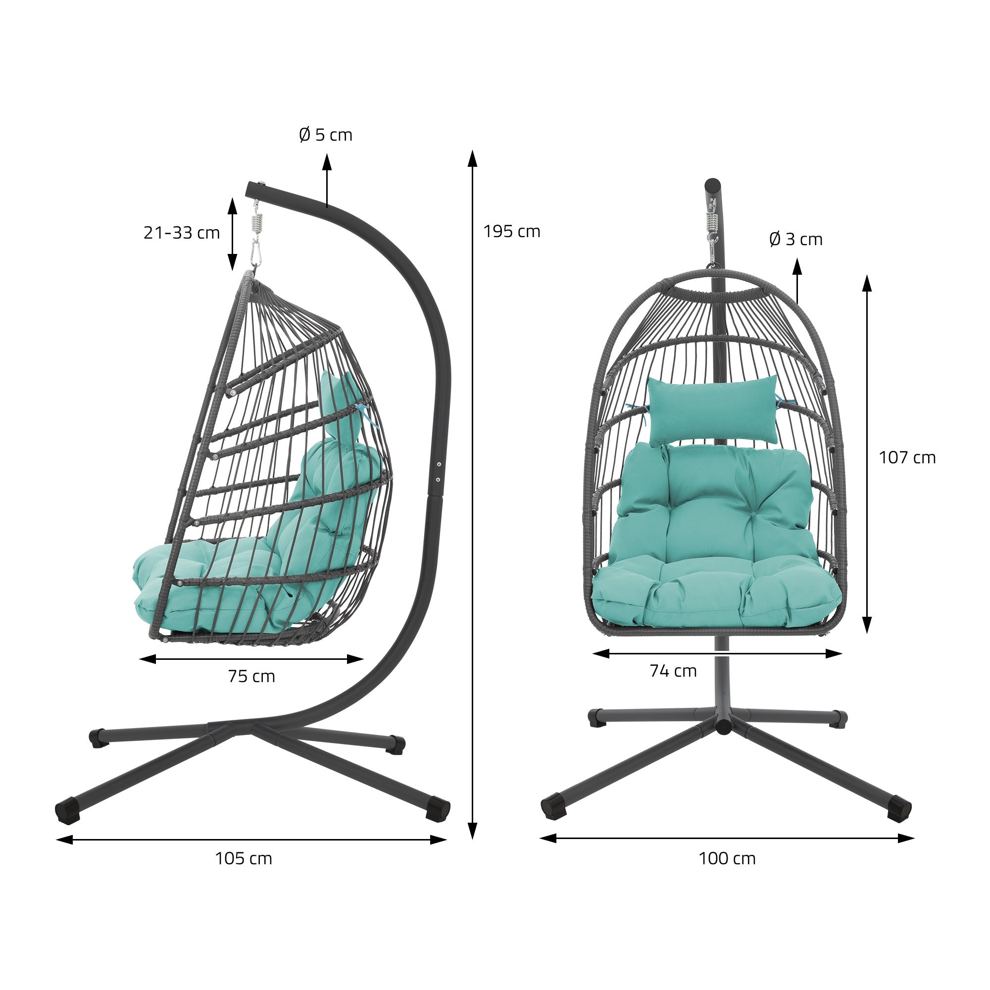 Sillón colgante en turquesa, medidas y detalles, sobre un soporte estable.