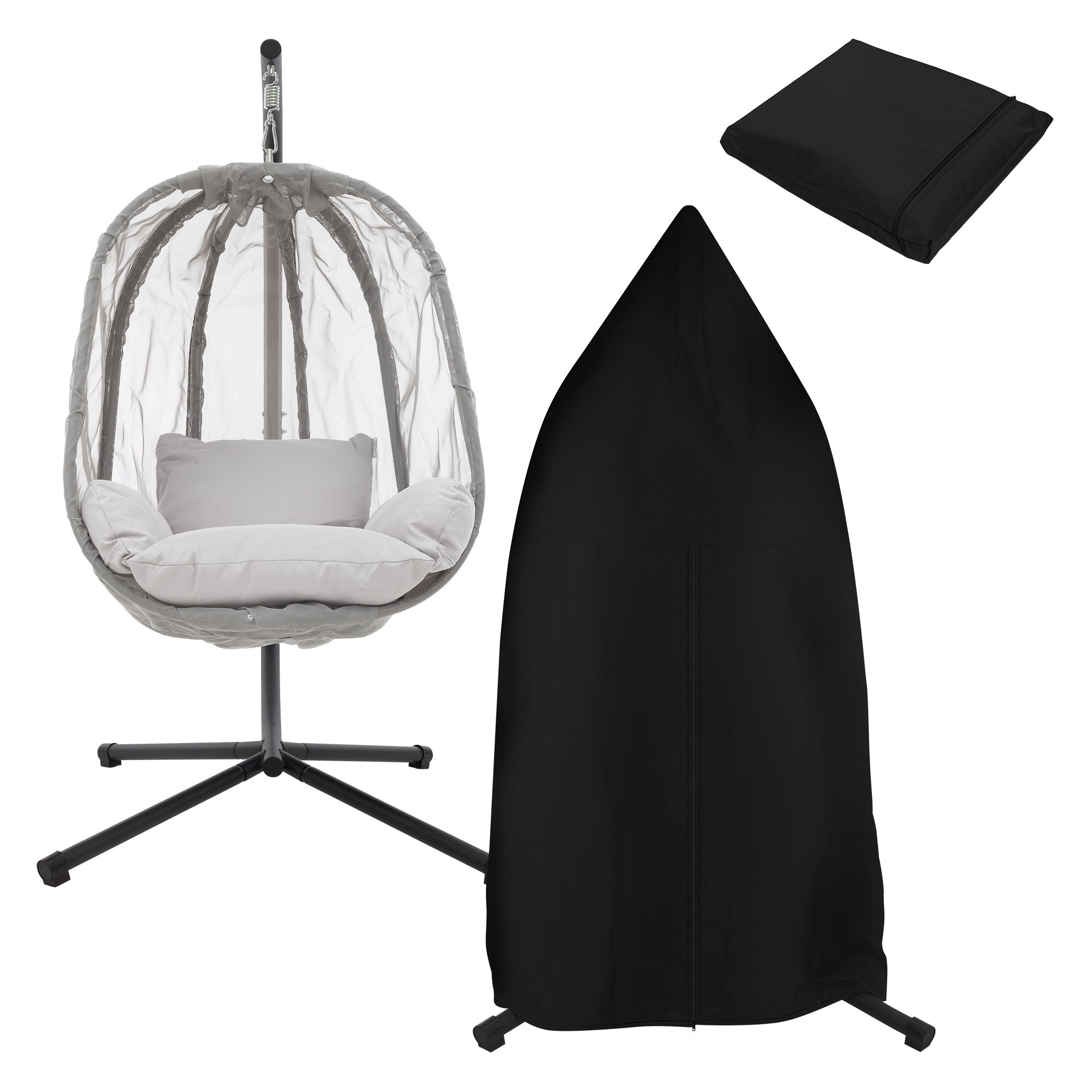 Silla colgante y funda negra sobre un fondo claro.