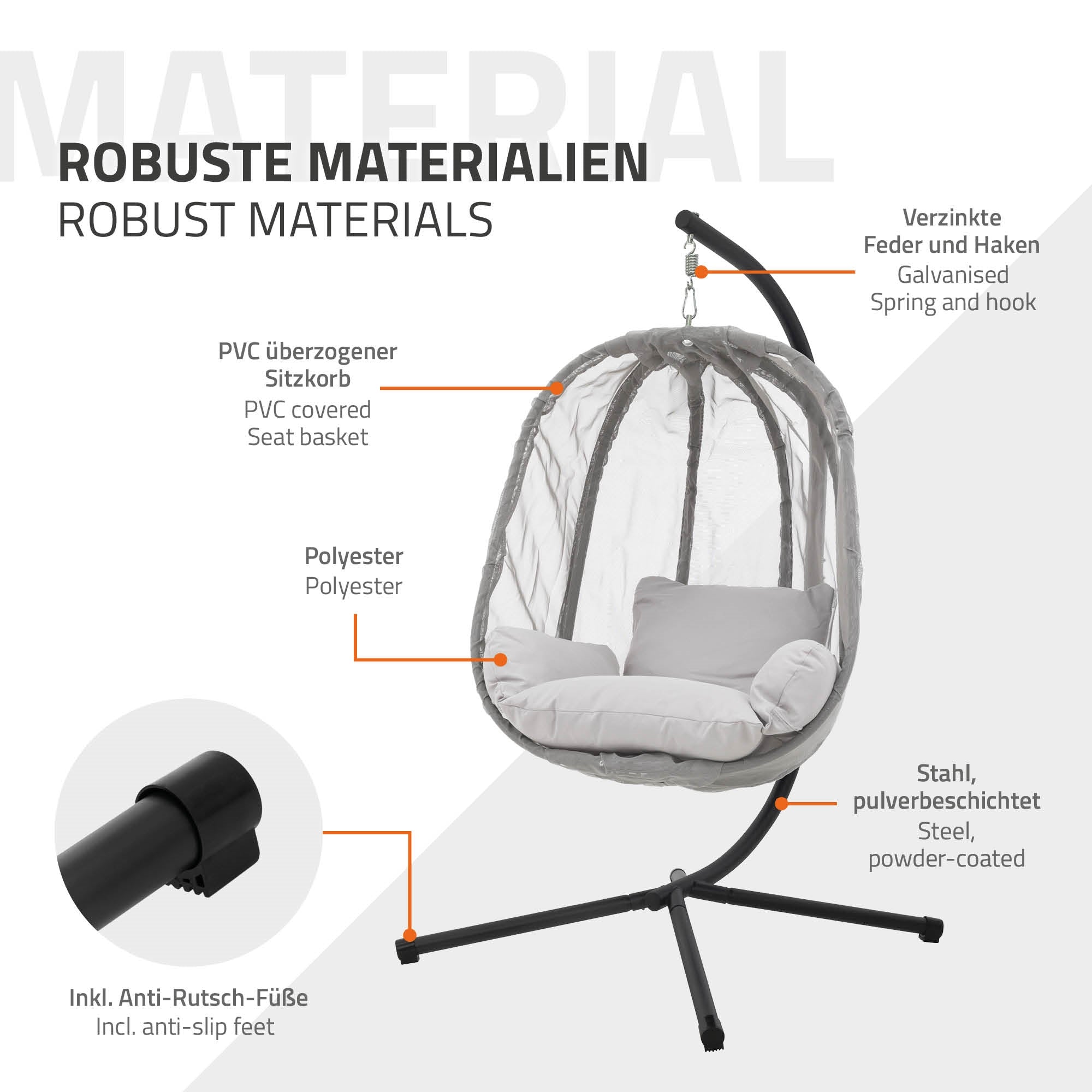 Gráfico con información sobre los materiales de la silla colgante, incluyendo PVC y acero.