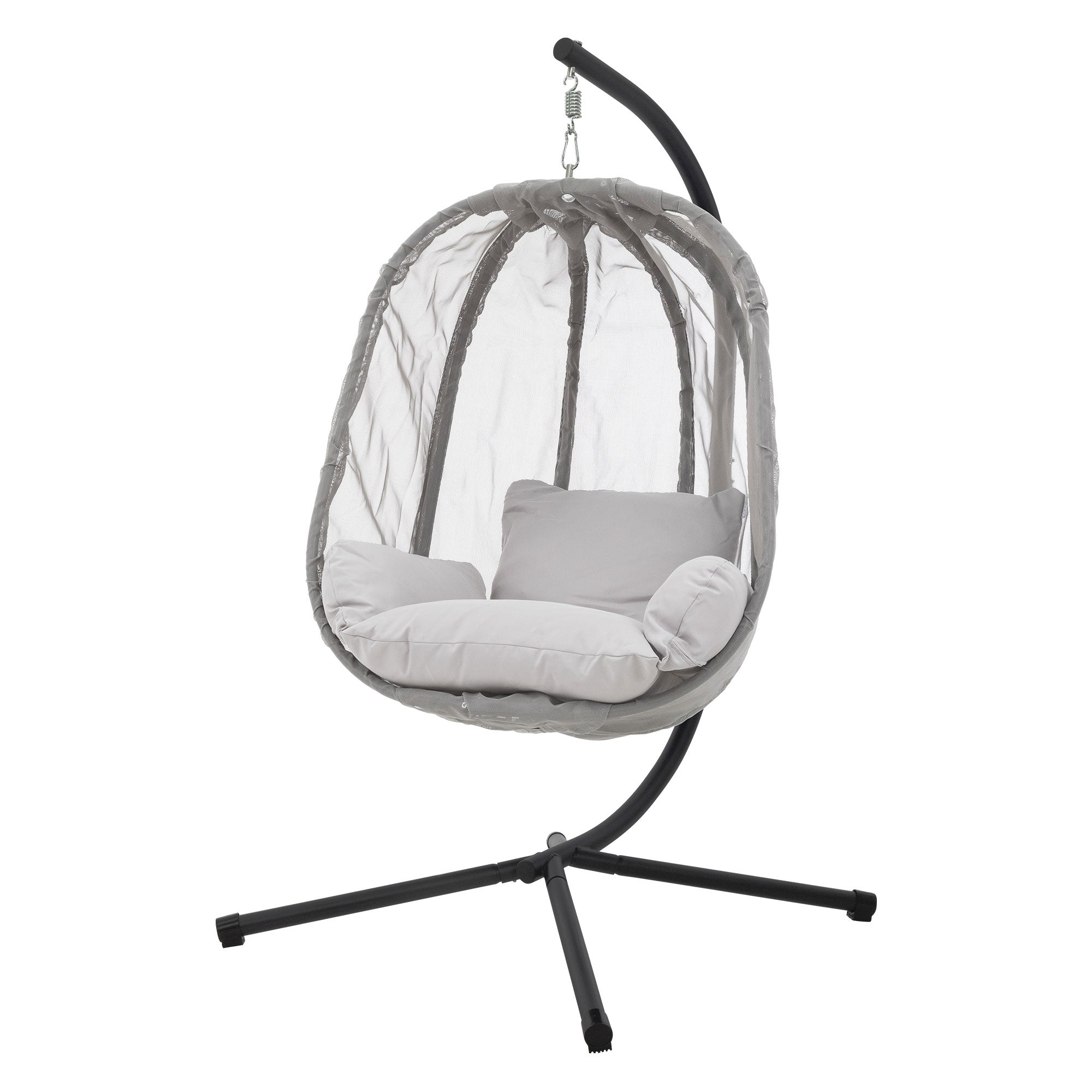 Sillón colgante en gris, independiente sobre un fondo blanco.