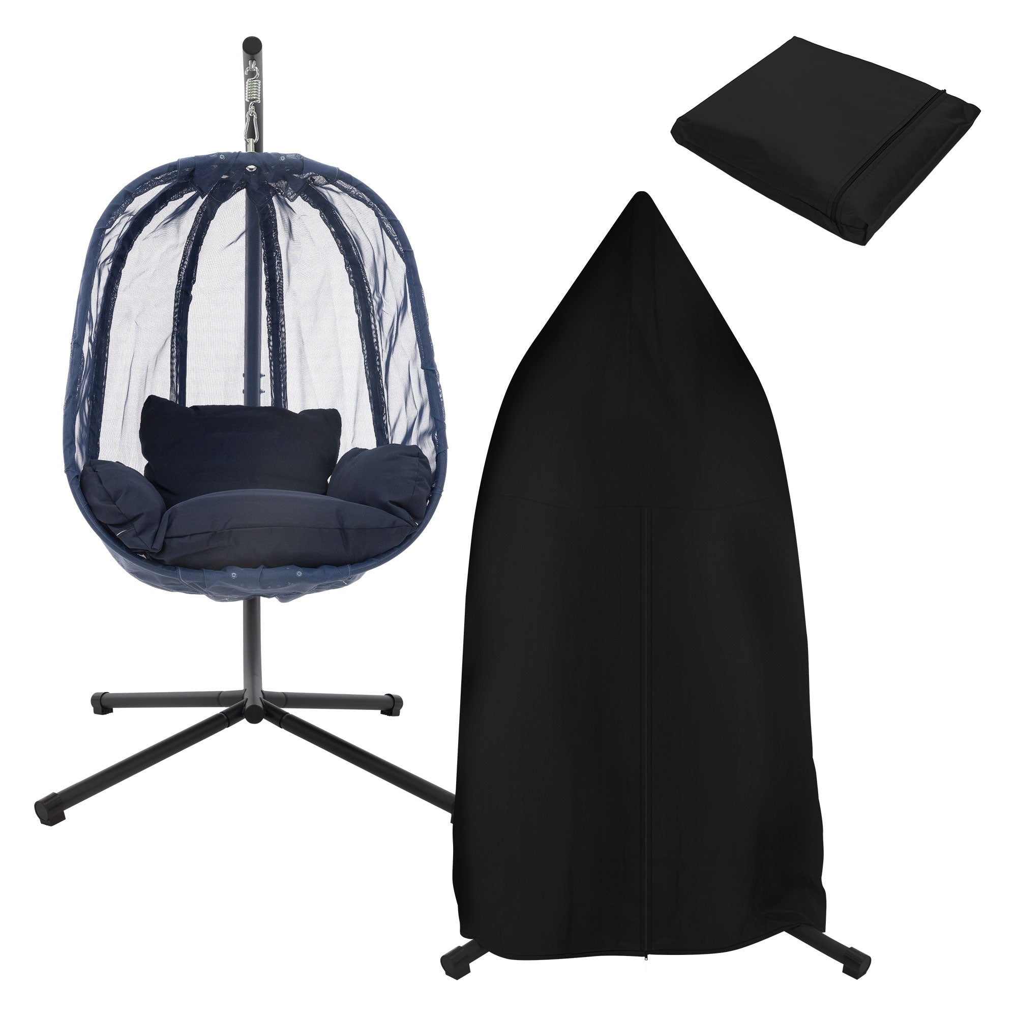 Hangstoel met afneembare hoes en beschermhoes in zwart.
