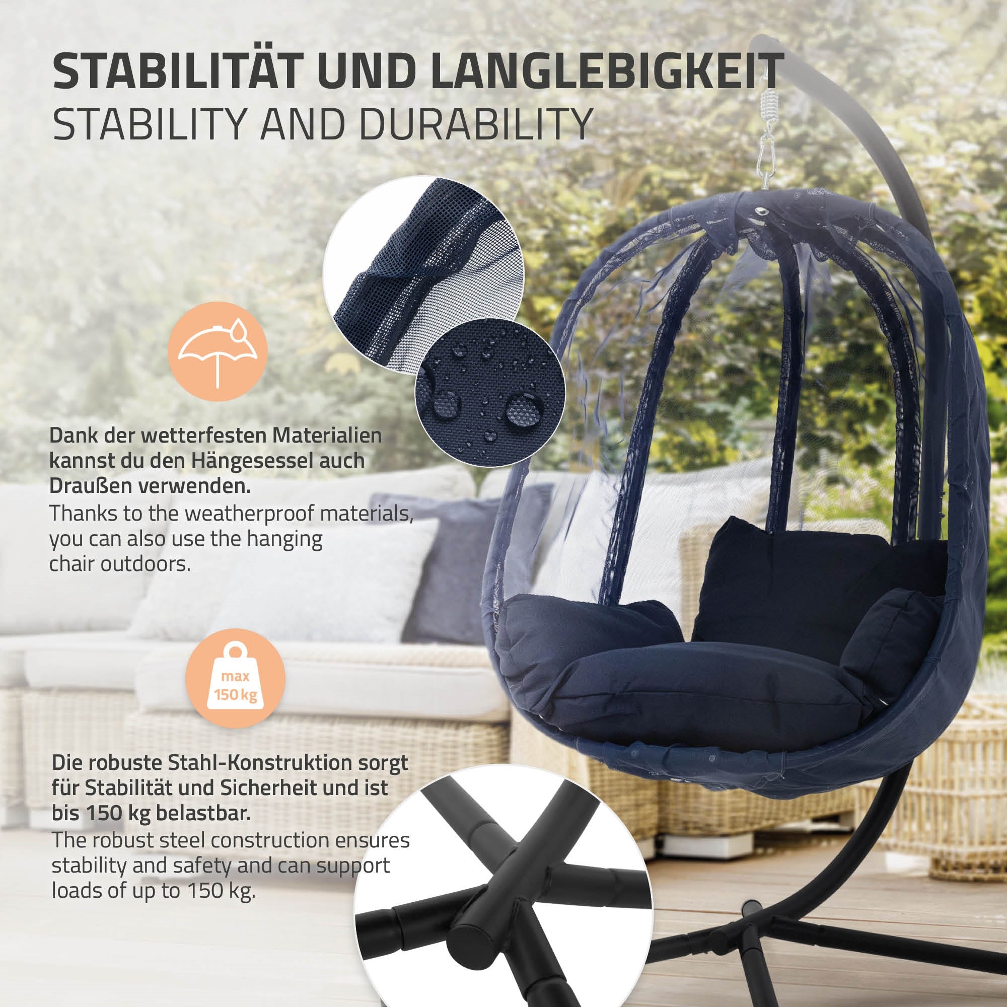 Hängesessel mit wetterfesten Materialien und stabiler Stahlkonstruktion.