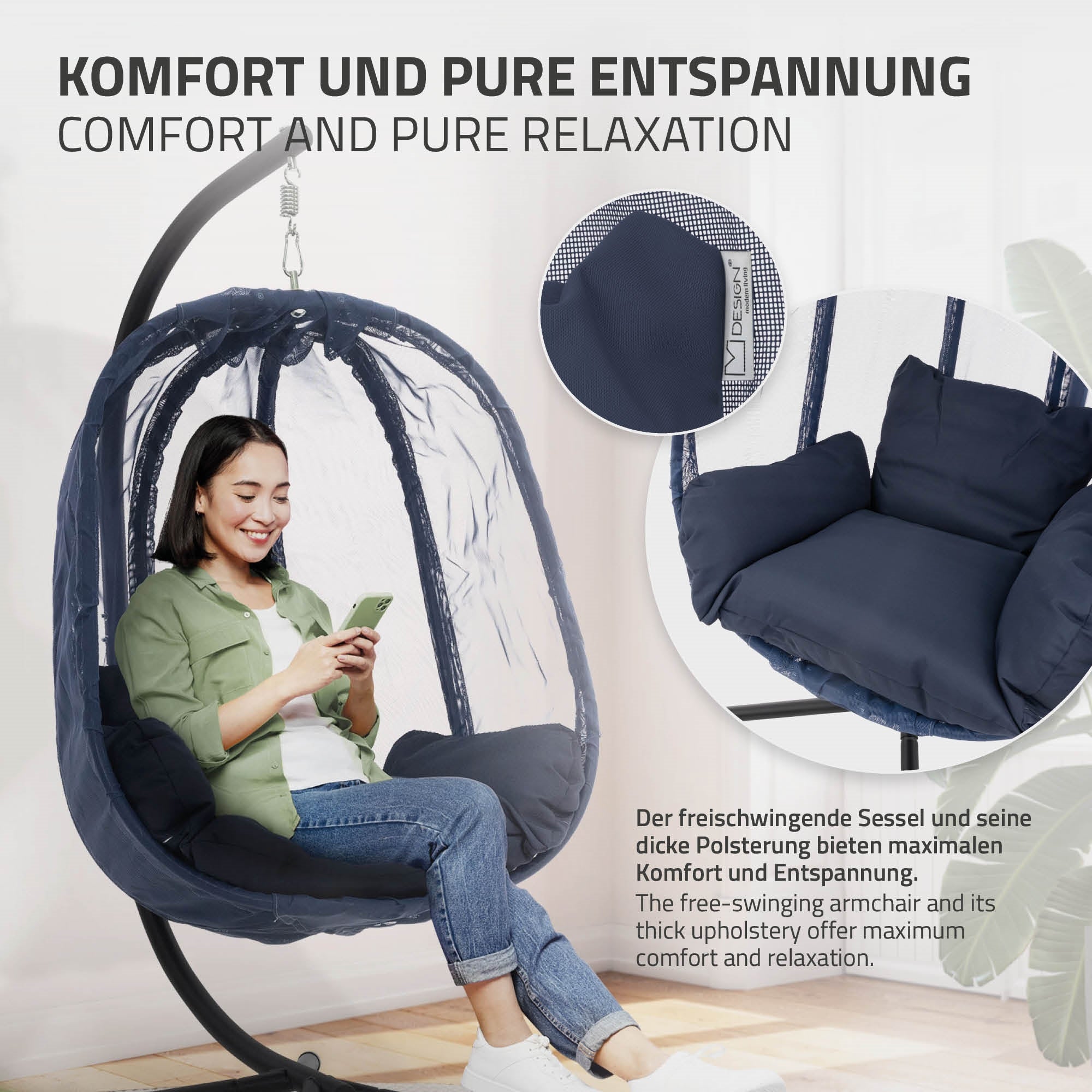 Hängesessel mit Polsterung und einem stabilen Gestell.