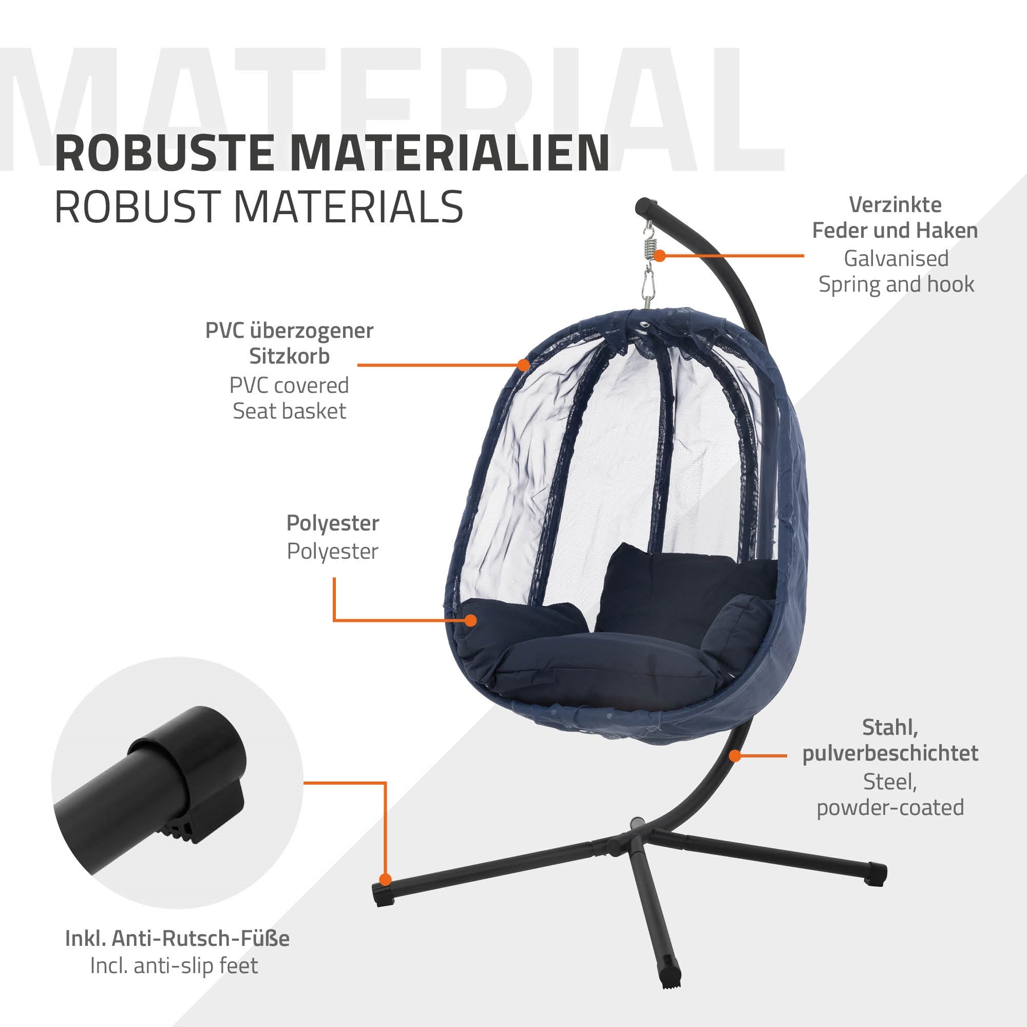 Hangstoel van robuuste materialen met een stabiele constructie.