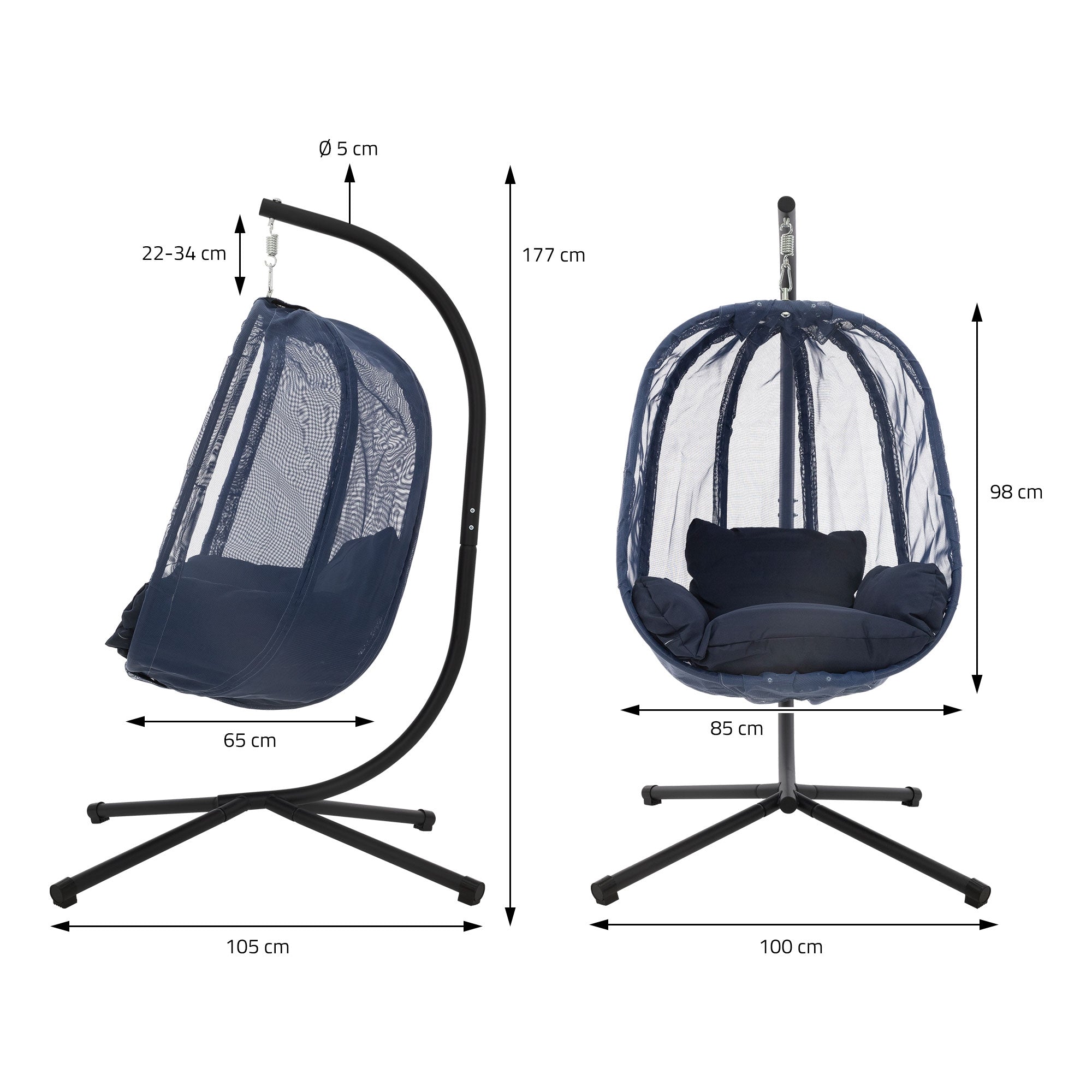 Hangstoel met afmetingen en details in blauw en zwart.