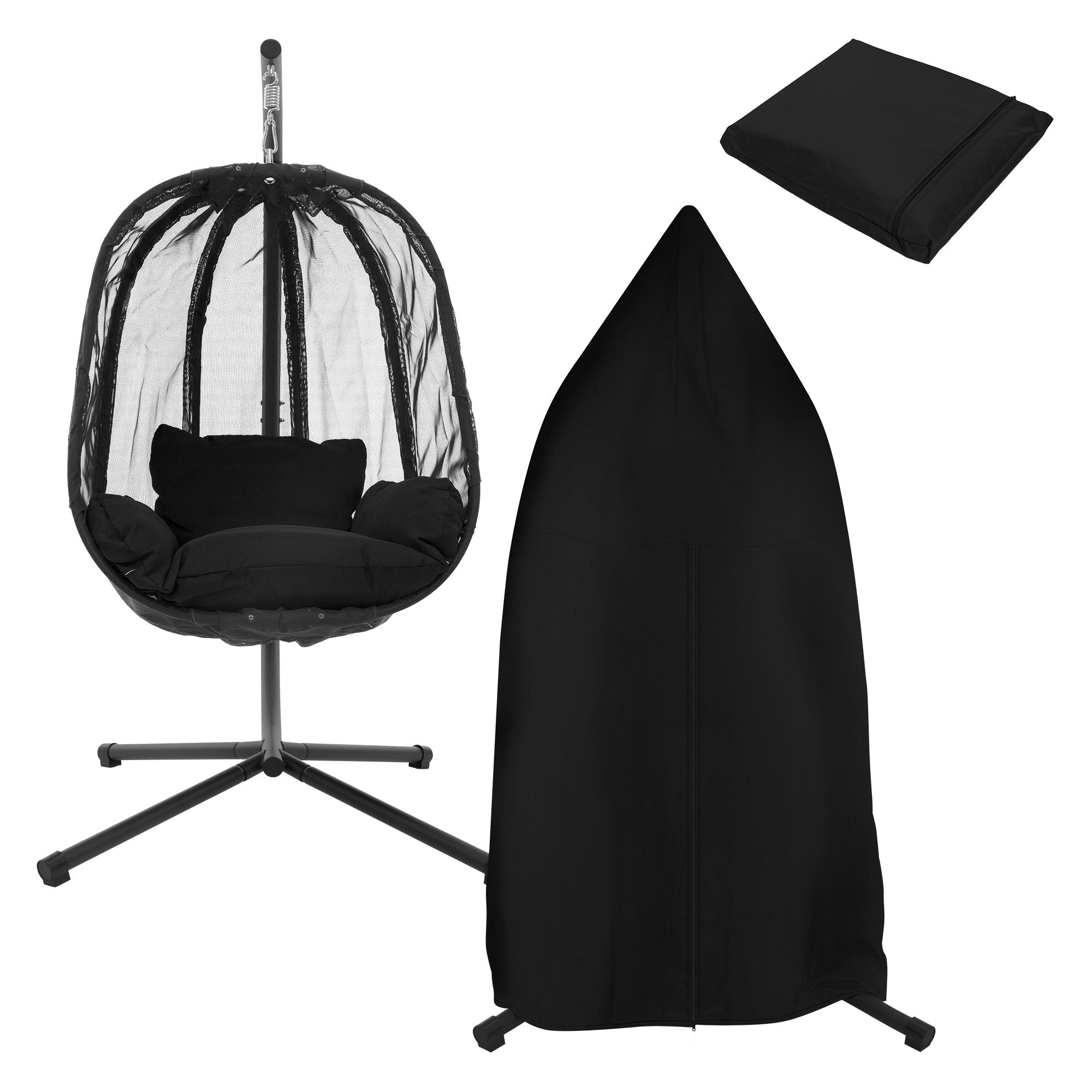 Silla colgante con funda y cubierta en negro.