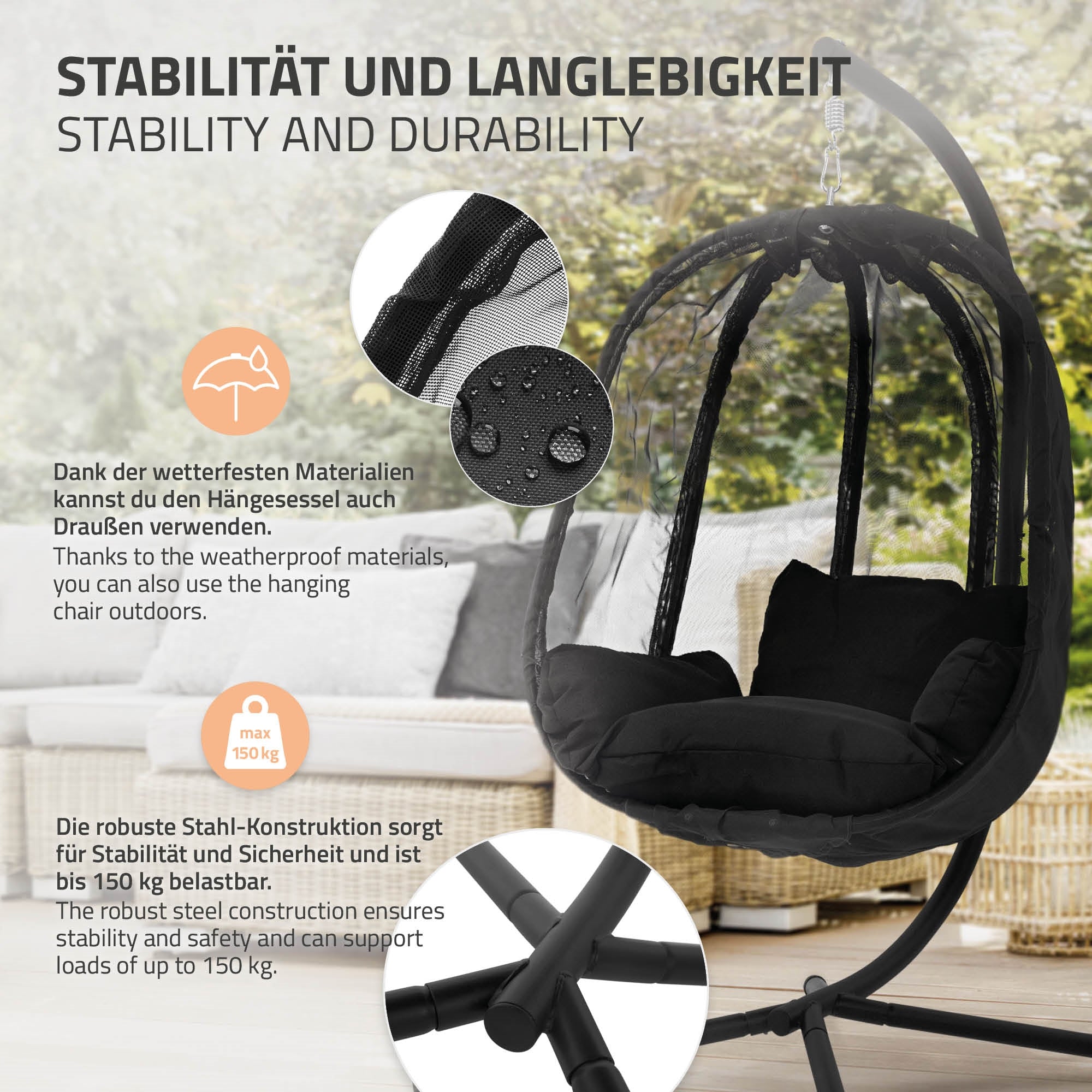 Hängesessel mit stabiler Stahlkonstruktion, für bis zu 150 kg.