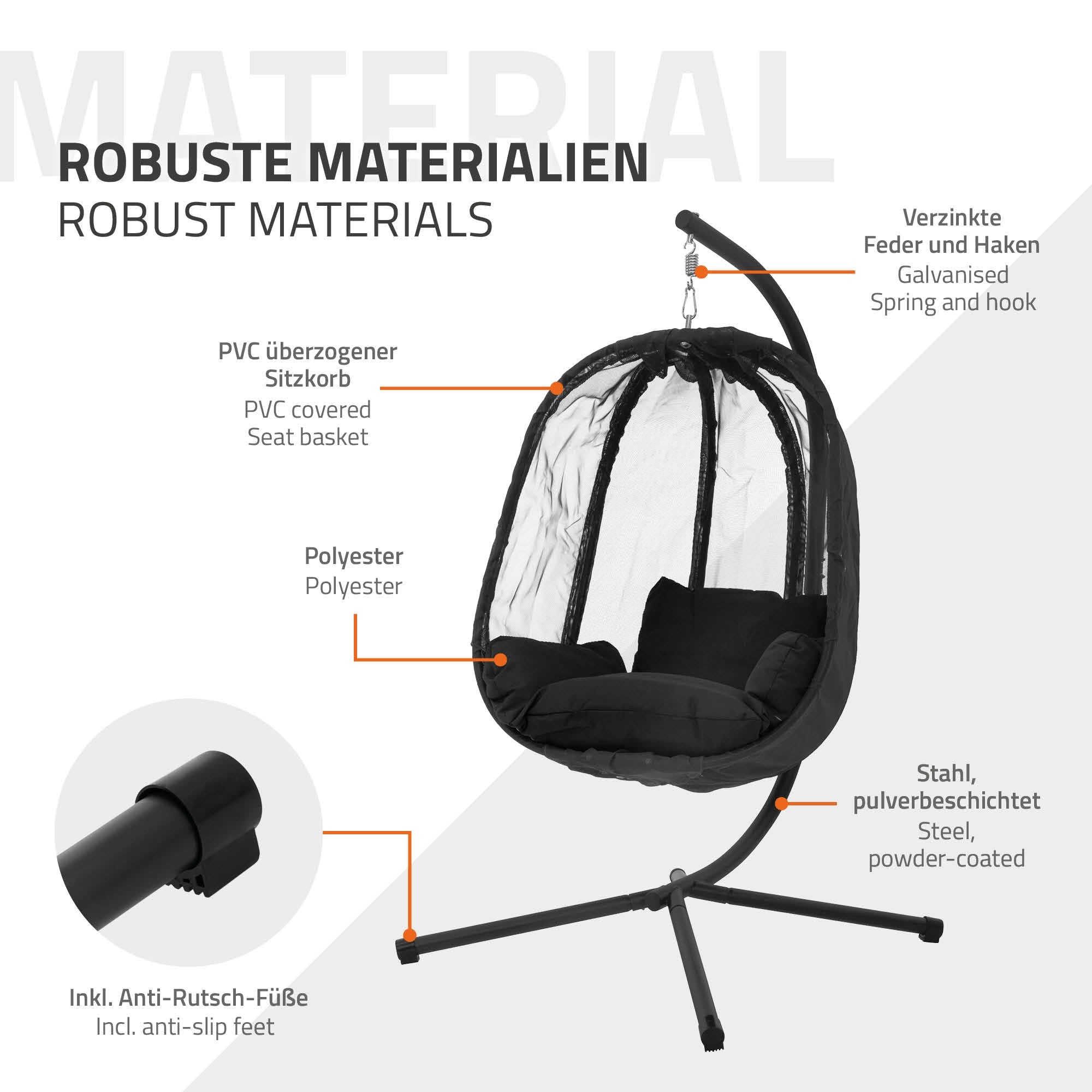 Hängesessel mit Beschreibung der Materialien und Eigenschaften.
