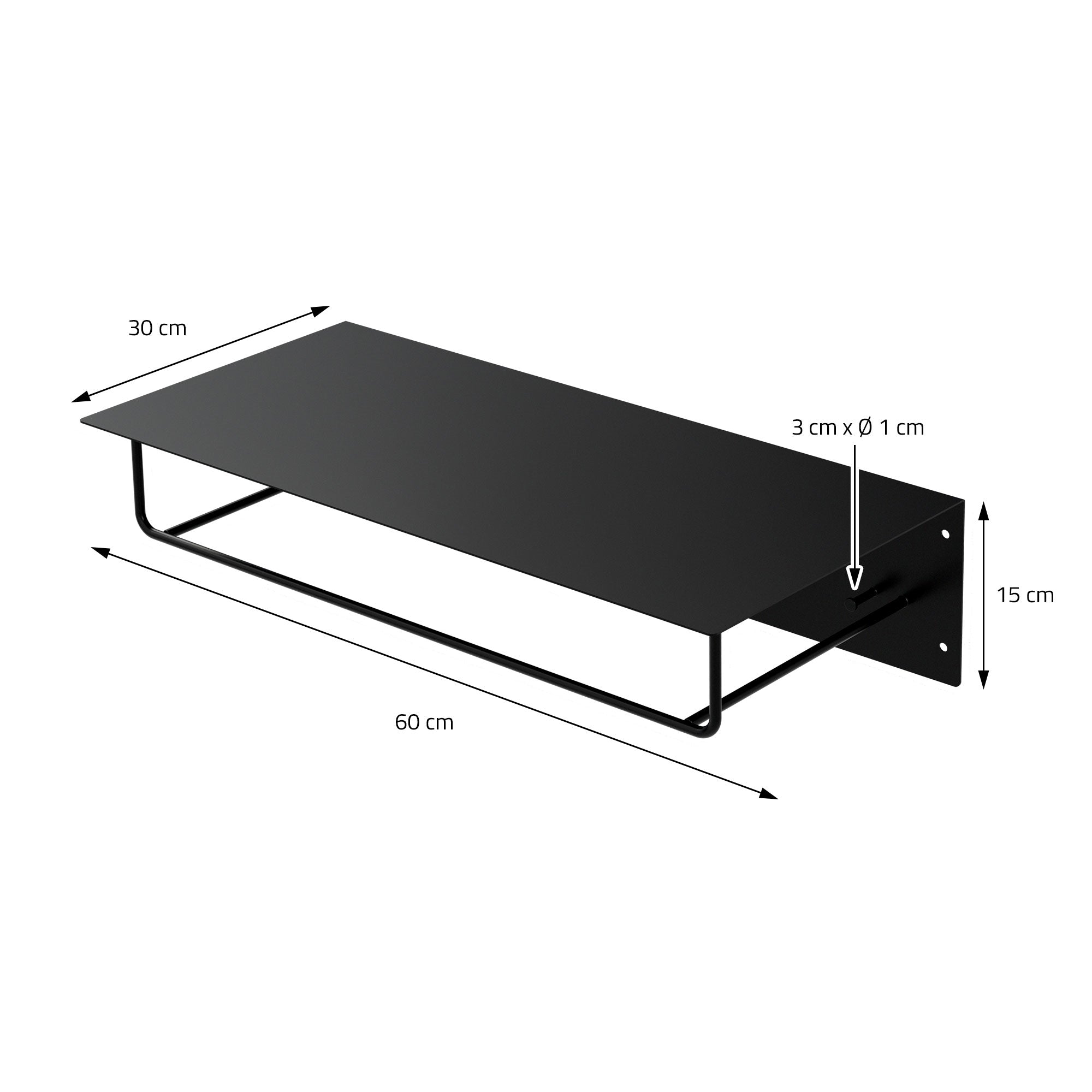 Fekete falitároló méretekkel: 60 cm x 30 cm x 15 cm.