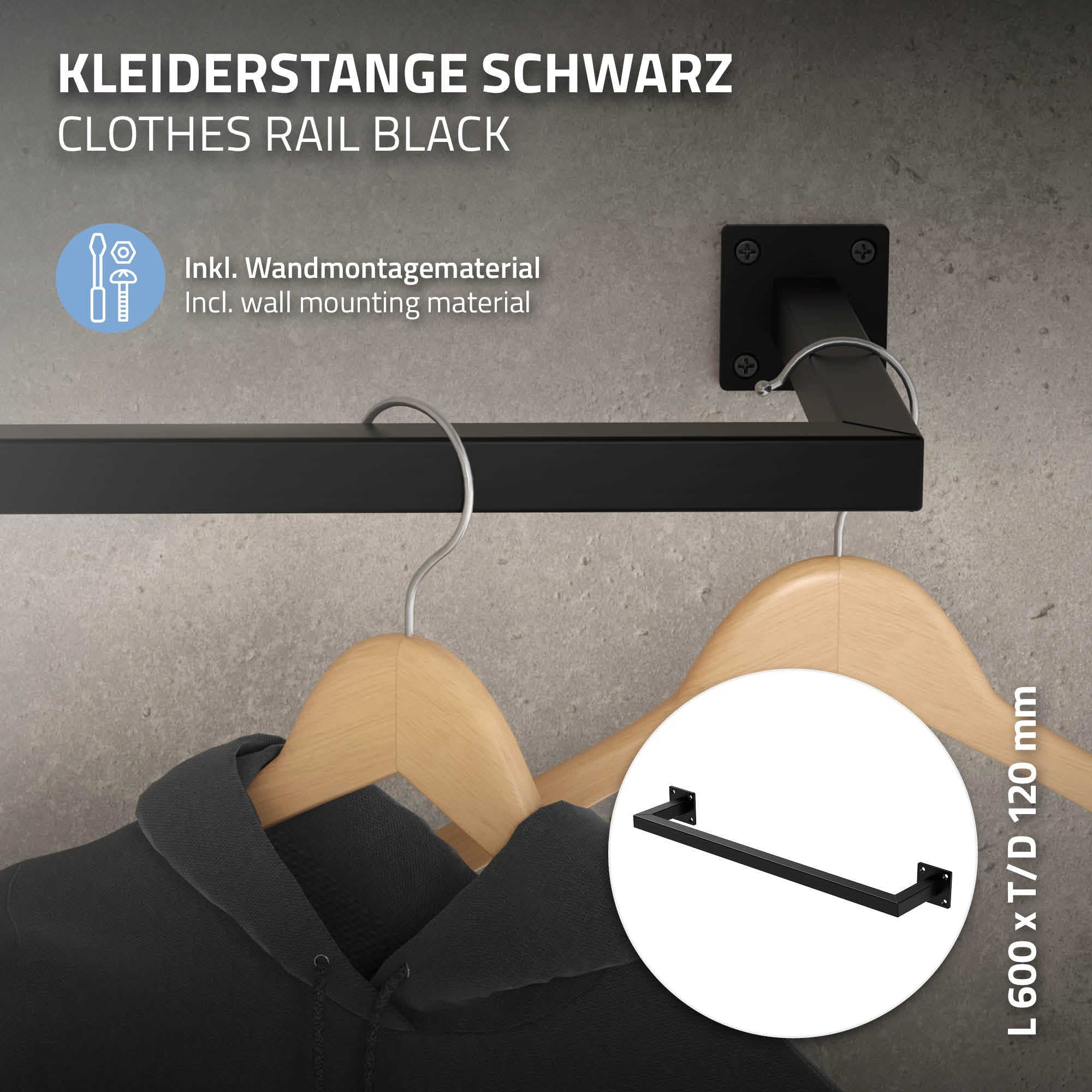 Zwarte kledingstang met twee houten kledinghangers.