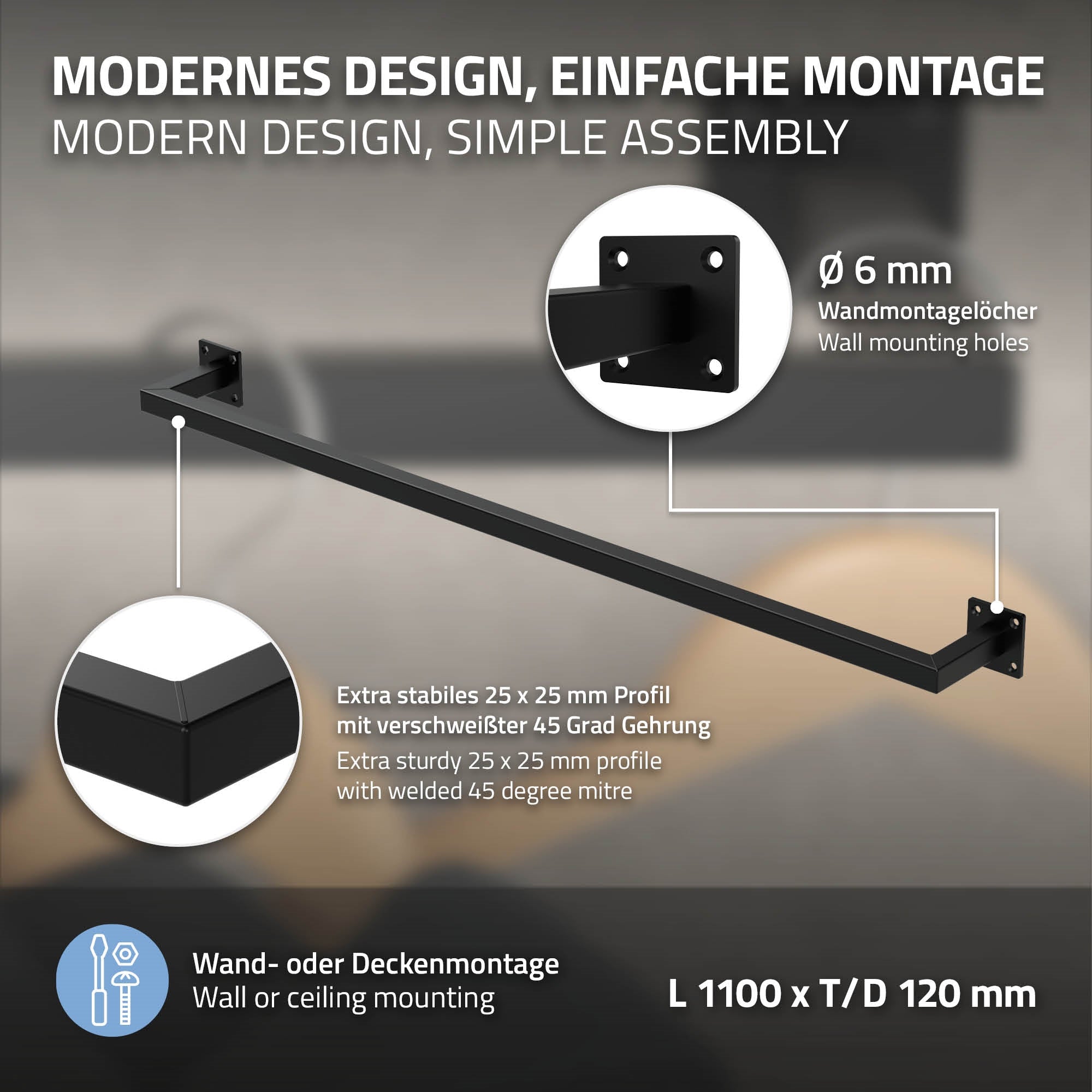 Zwarte kledingstang met wandmontage, inclusief montagemateriaal.