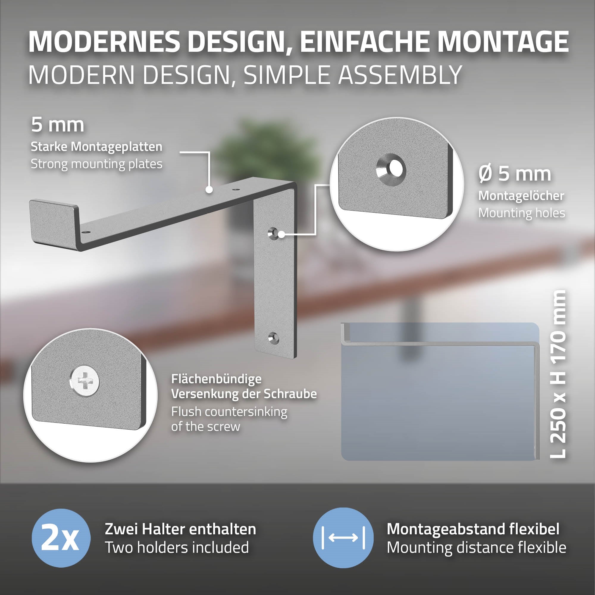 Grafik mit Regalhalter, Montagehinweisen und Abmessungen.